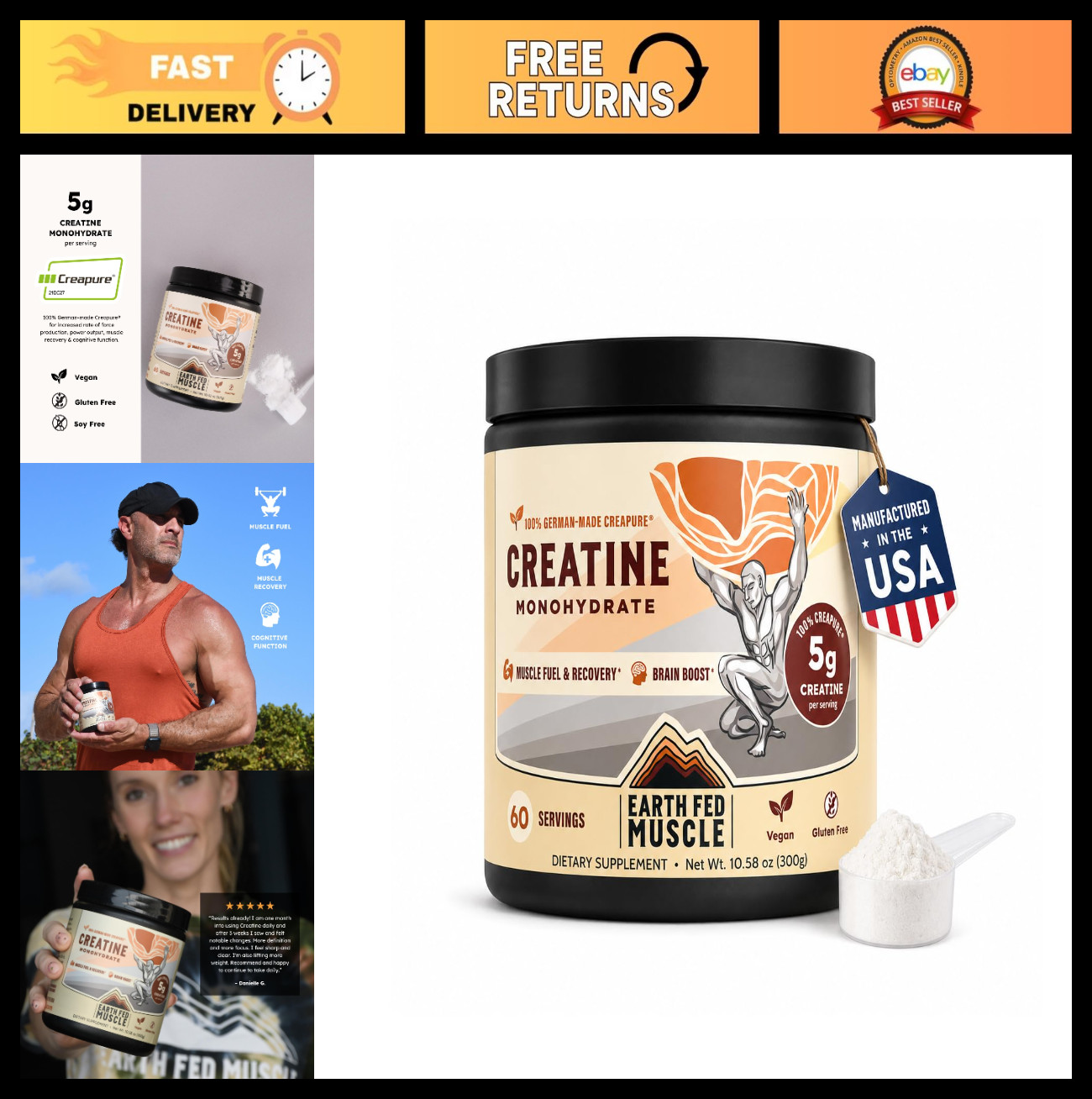 Creatine Monohydrate Powder 300g – Unflavored, 60 Servings, Pure Strength & Musc