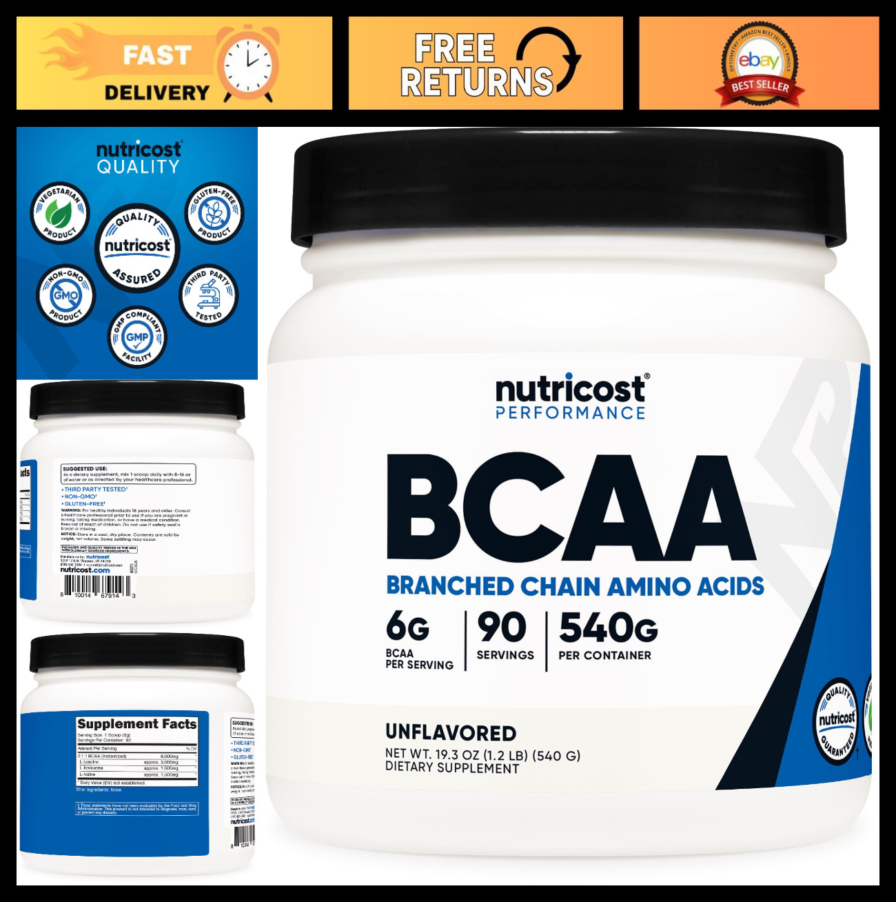 BCAA Powder 2:1:1 – 90 Servings, Unflavored Branched Chain Amino Acids Supplemen