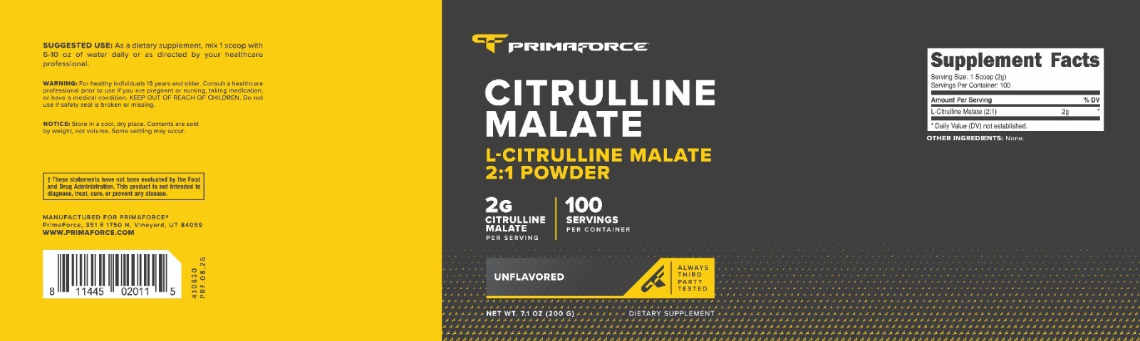 PrimaForce L-Citrulline Malate Powder – 200g, Unflavored Pre Workout Supplement