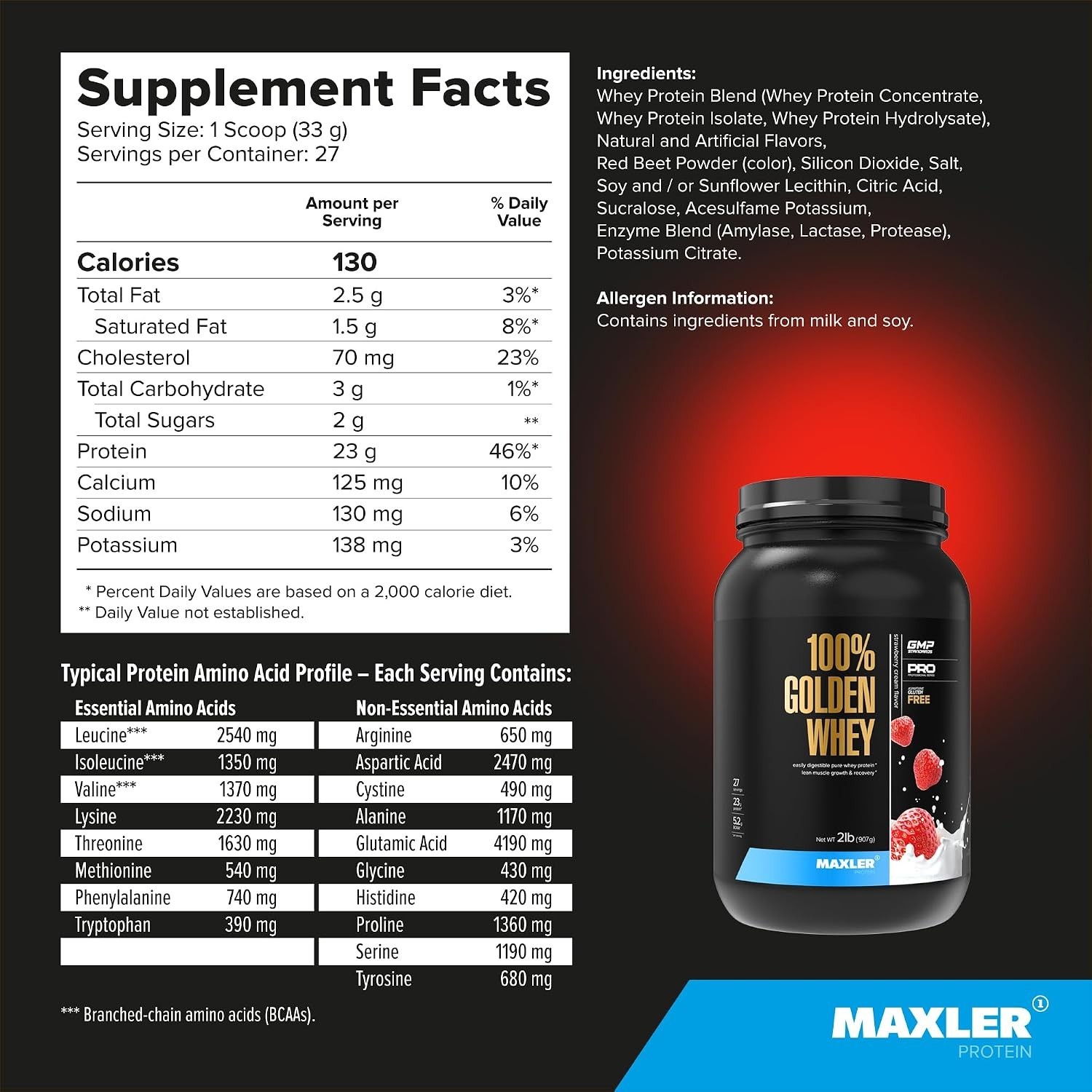 Maxler 100% Golden Whey Protein – 23g of Protein per Serving – strawberry cream