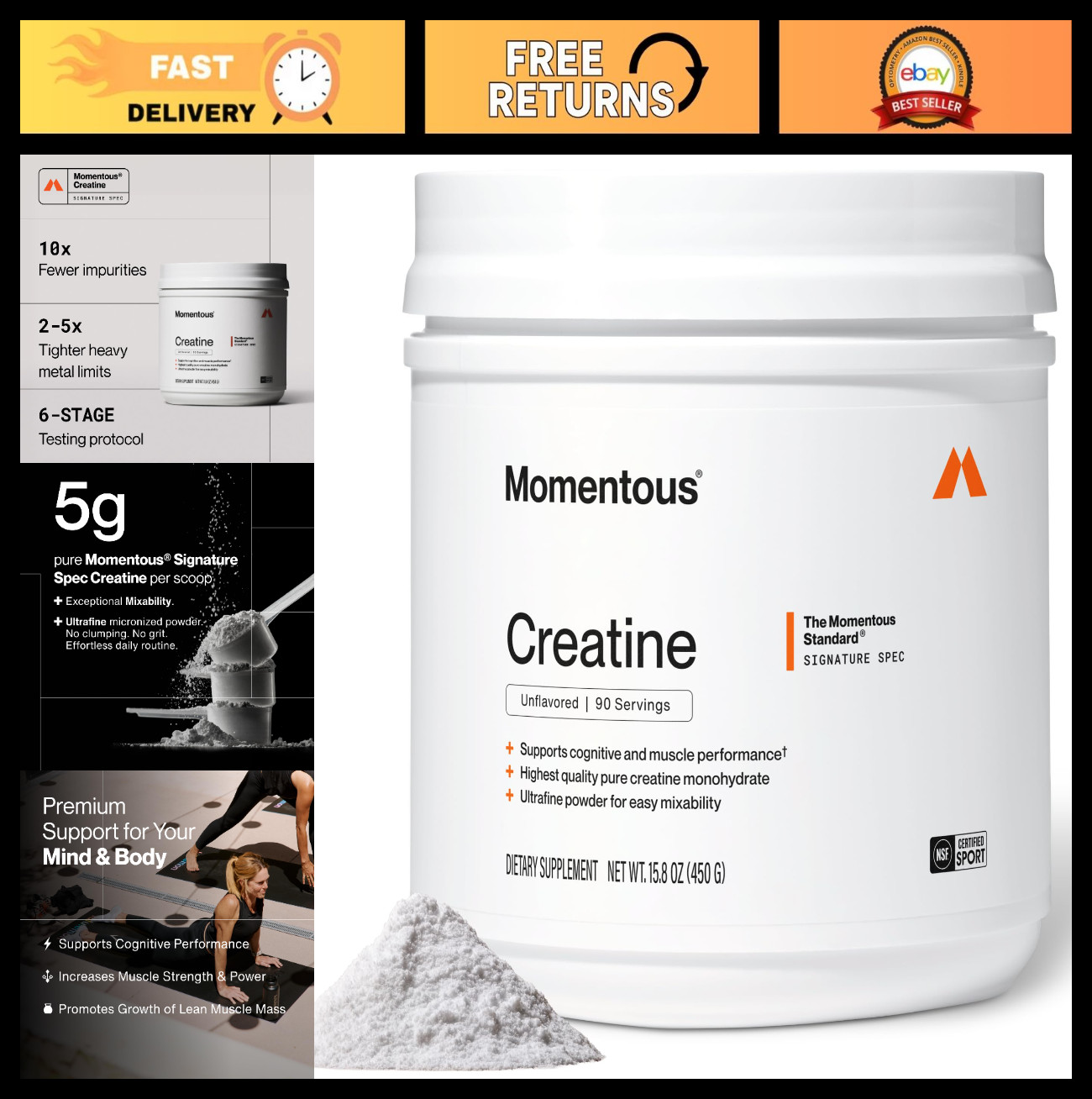 Creatine Monohydrate Powder 5g | Unflavored, NSF Certified, Non-GMO, Gluten-Free