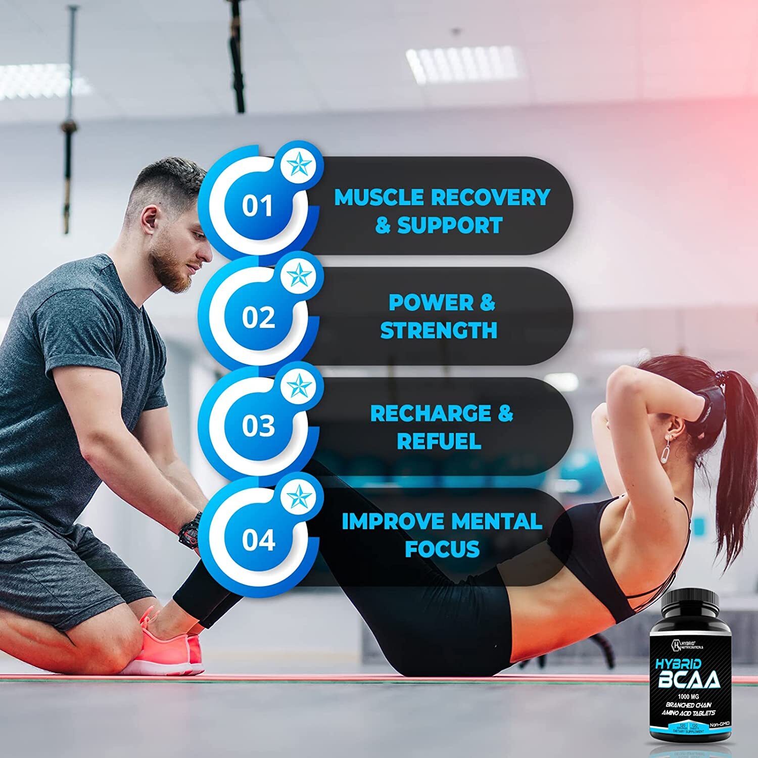 Hybrid BCAAs Amino Acids, 1000mg Sugar Free Pre Workout without Ceatine, Non-GMO