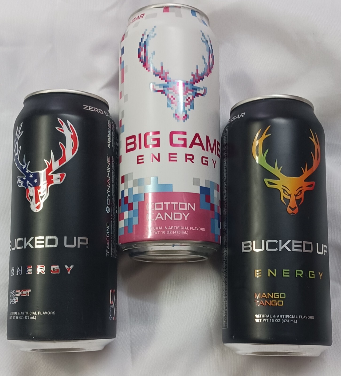 3 BUCKED UP ENERGY DRINKS COTTON CANDY ROCKET POP MANGO TANGO RARE NO SUGAR