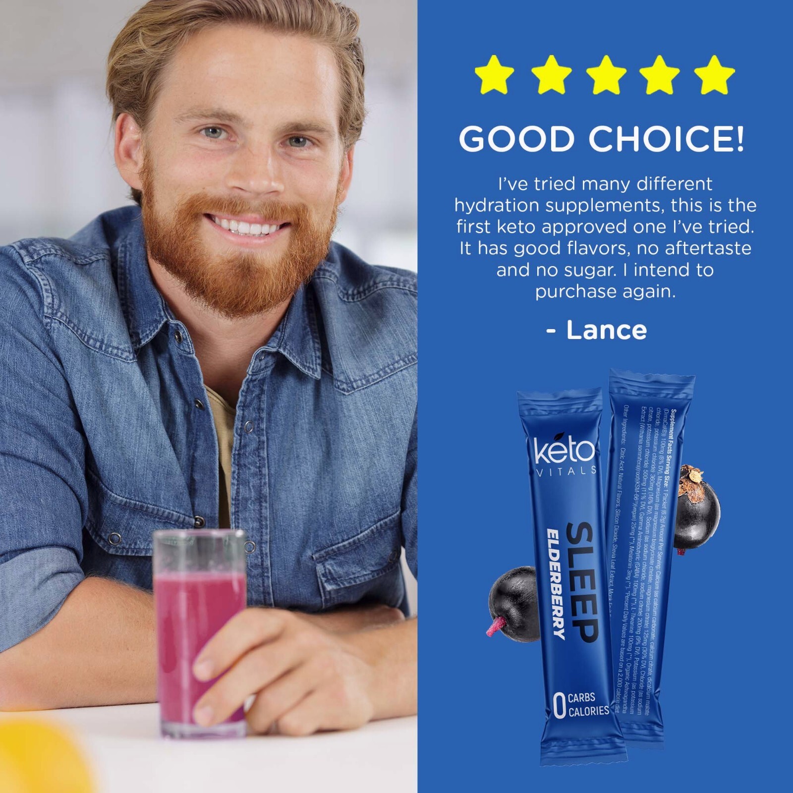 Keto Vitals Sleep Drink Electrolyte Sleep Powder Packets – – Elderberry, 30 Ct.