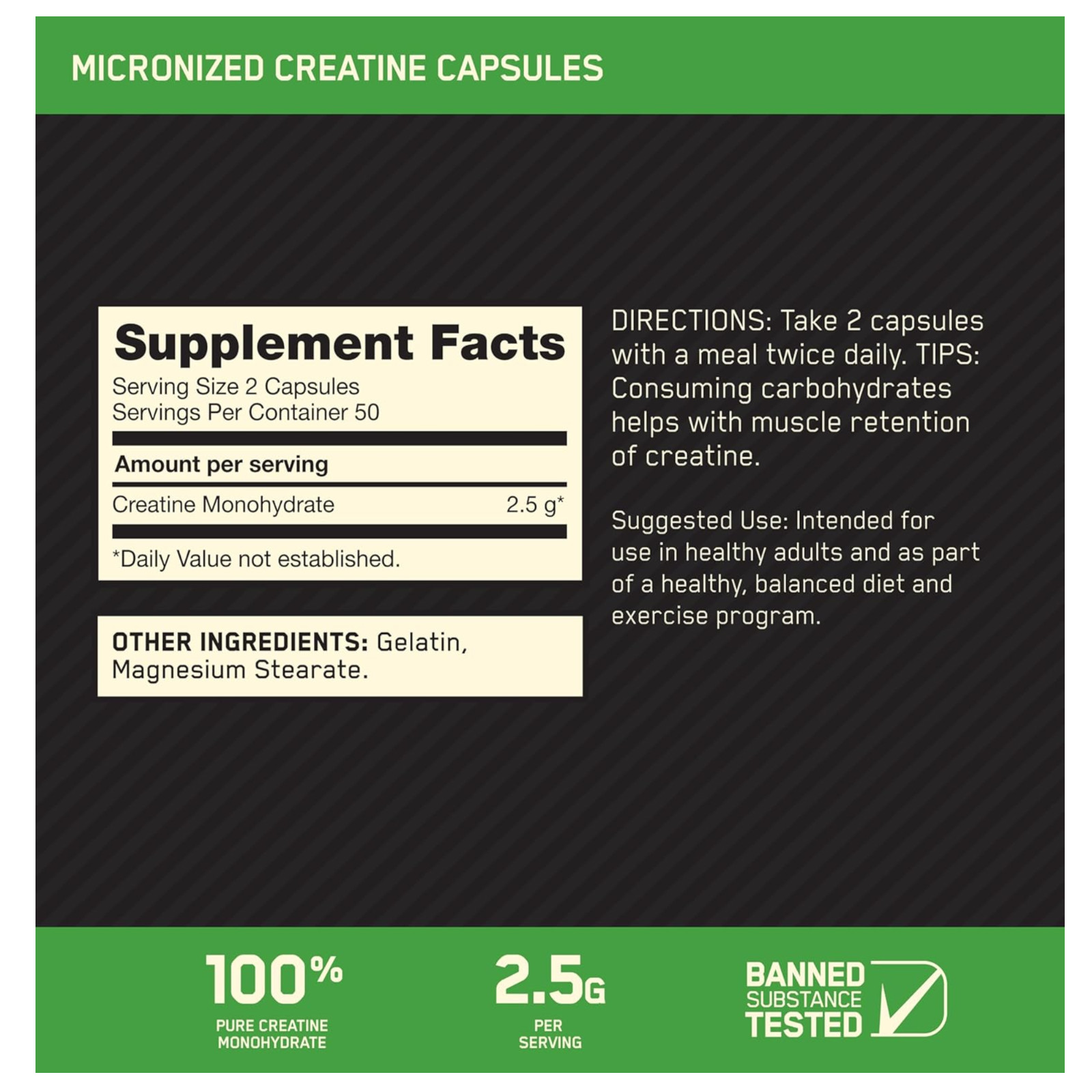 Optimum Nutrition Micronized Creatine Monohydrate Capsules, Keto 2500m 100 Capsu