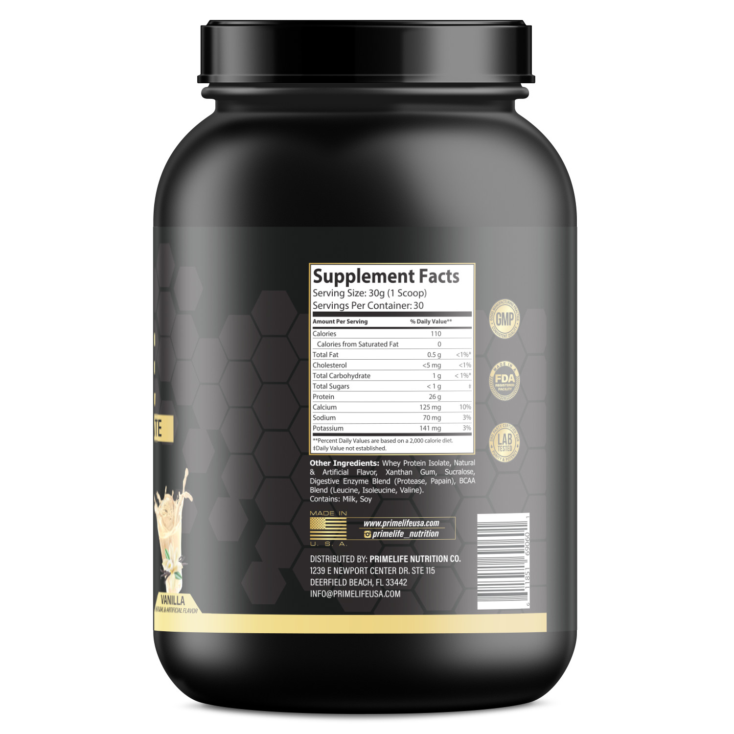 Isolate Whey Protein Powder Primelife Nutrition | Vanilla 2LBS | 31 Servings