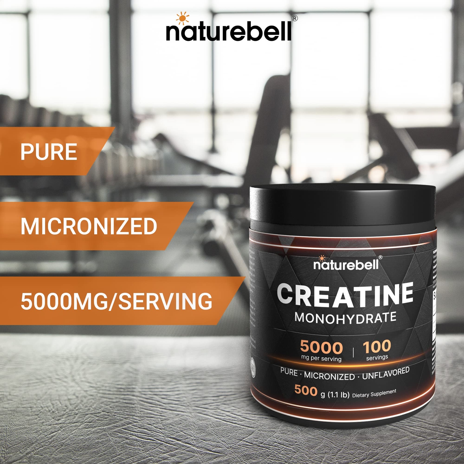 NatureBell Creatine Monohydrate Powder Unflavored 500 Grams 5000mg 100 Servi…