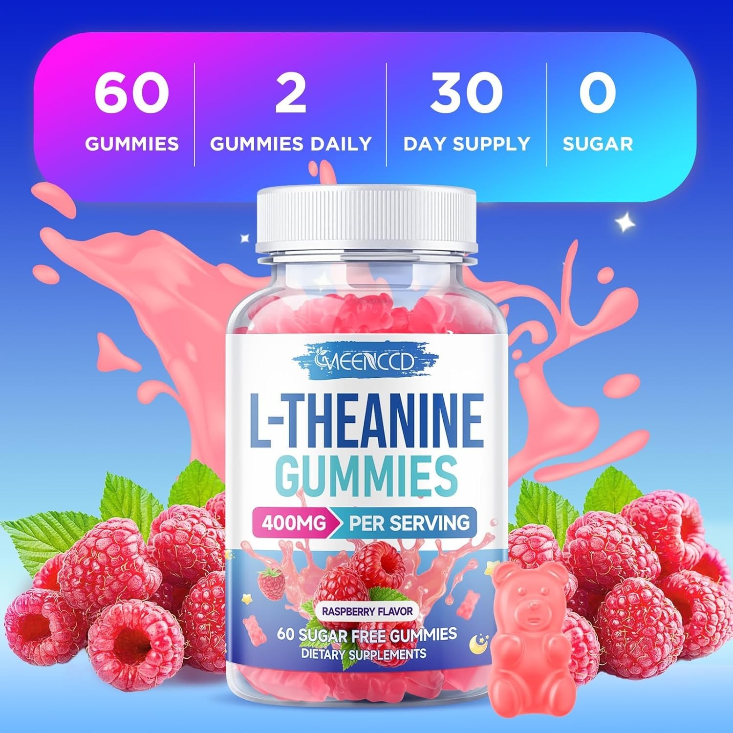 MEENCCD L-Theanine Gummies 400mg, Sugar-Free L-Theanine Supplement for Focus