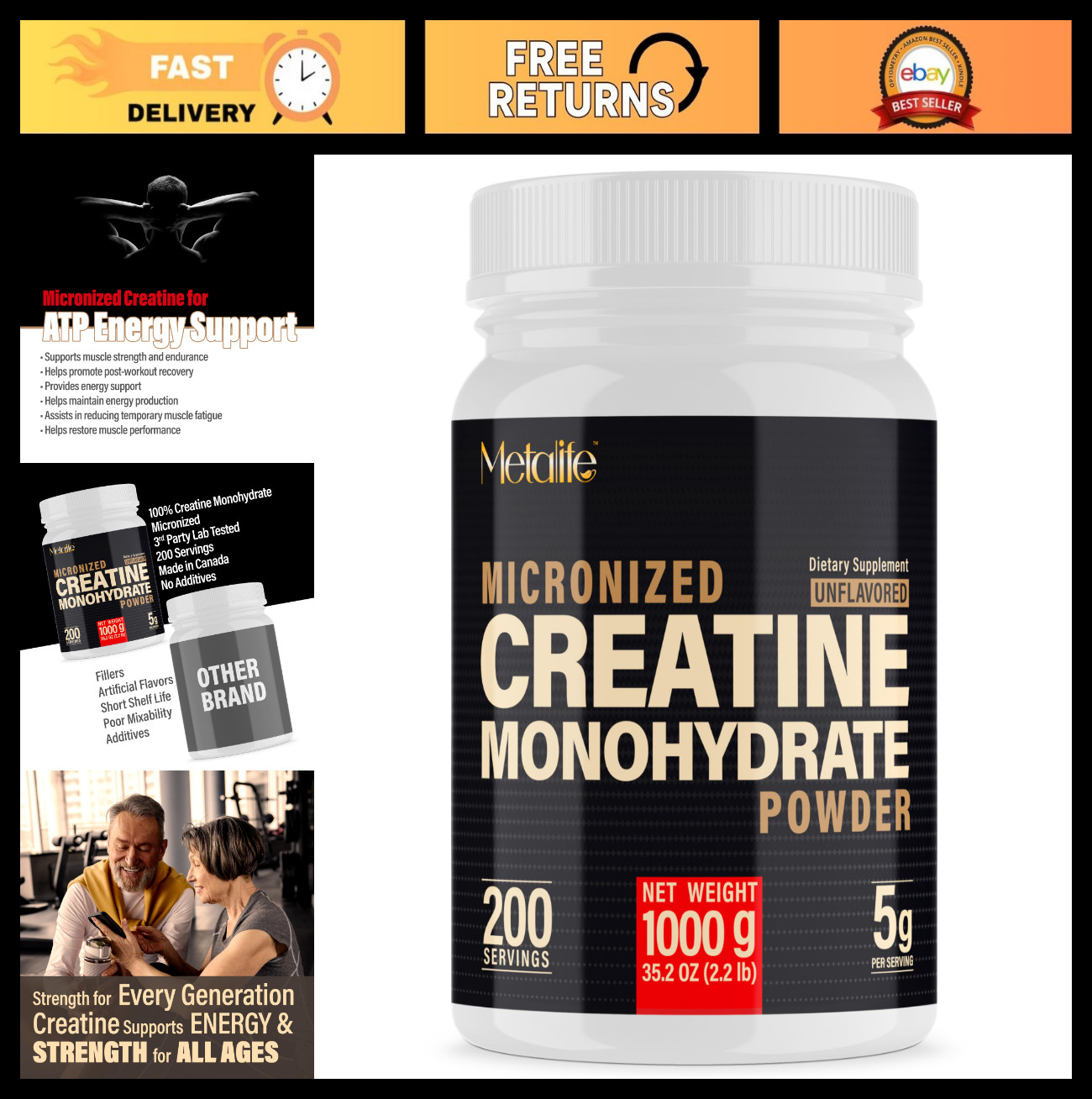 100% Pure Micronized Creatine Monohydrate Powder, 200 Servings, Muscle Growth, V
