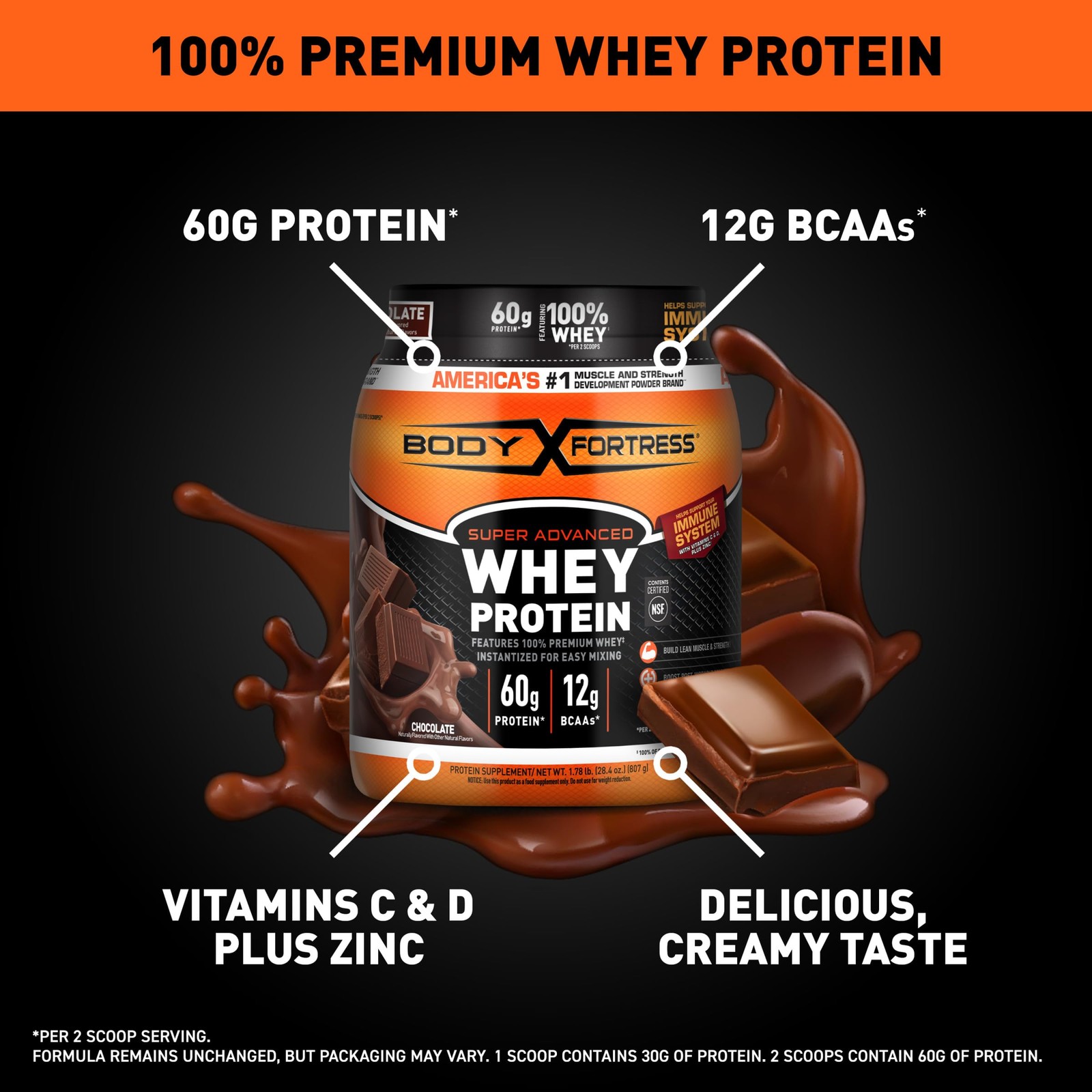 100% Whey, Premium Protein Powder, Chocolate, 1.78lbs