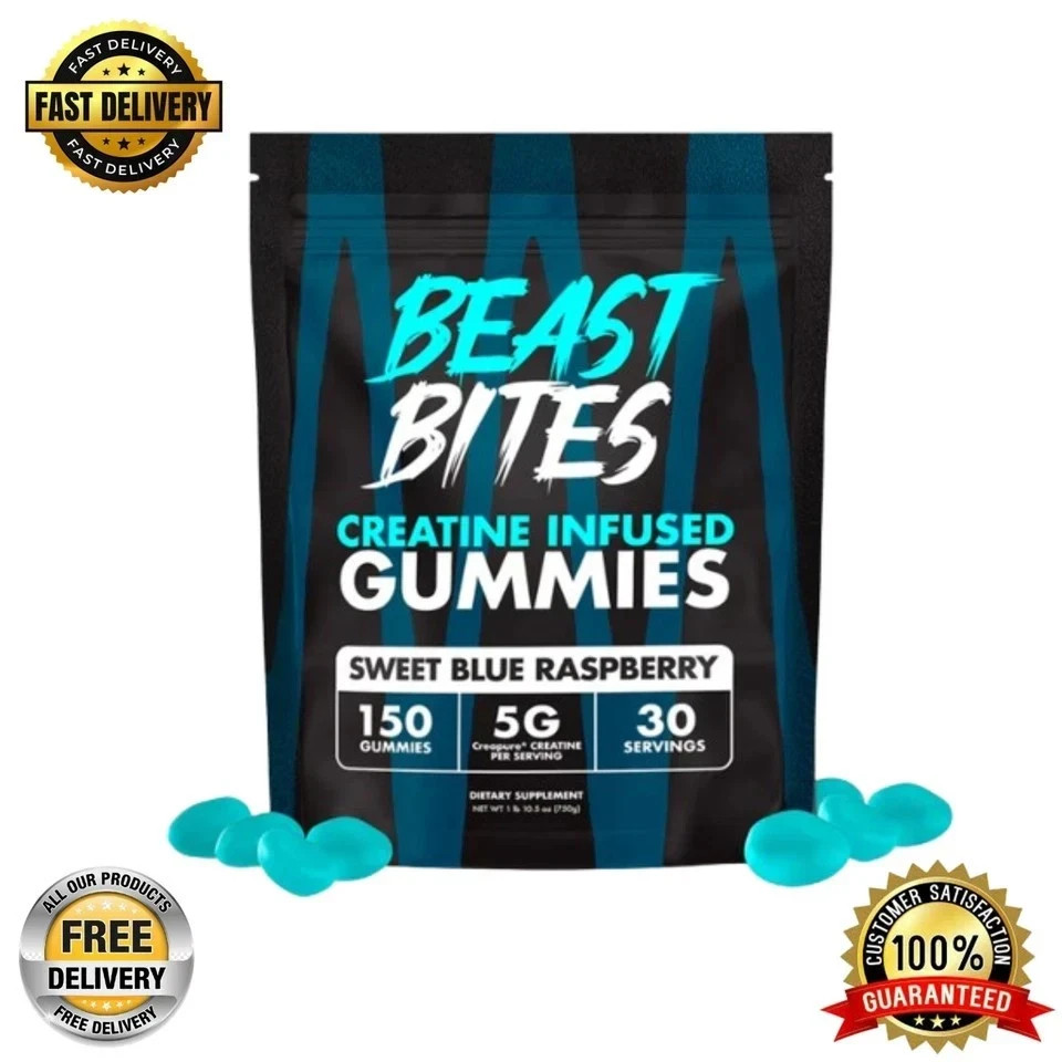 Beast Bites Creatine Infused Gummy Sweet Blue Raspberry – 30 Servings 10.5 Ounce