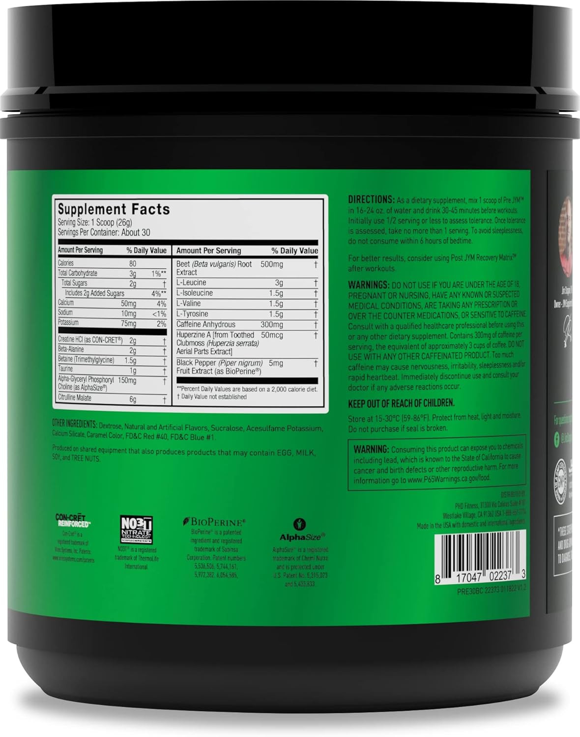 Pre JYM Black Cherry Pre Workout Powder for Men & Women, Bcaas, Nootropics, Crea