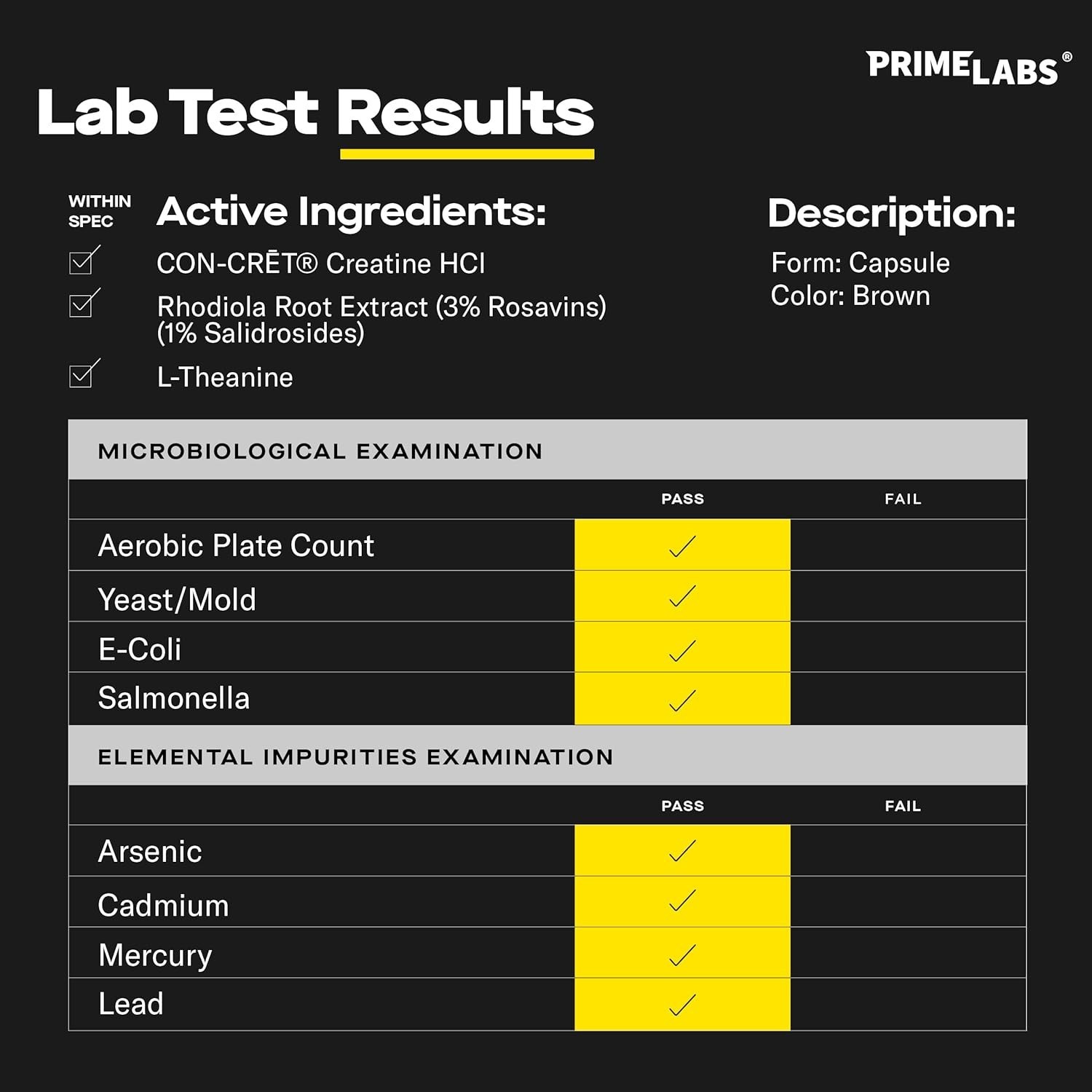 Prime Labs Creatine HCl with CON-CRĒT Rhodiola Root Extract L-Theanine 60 Caps