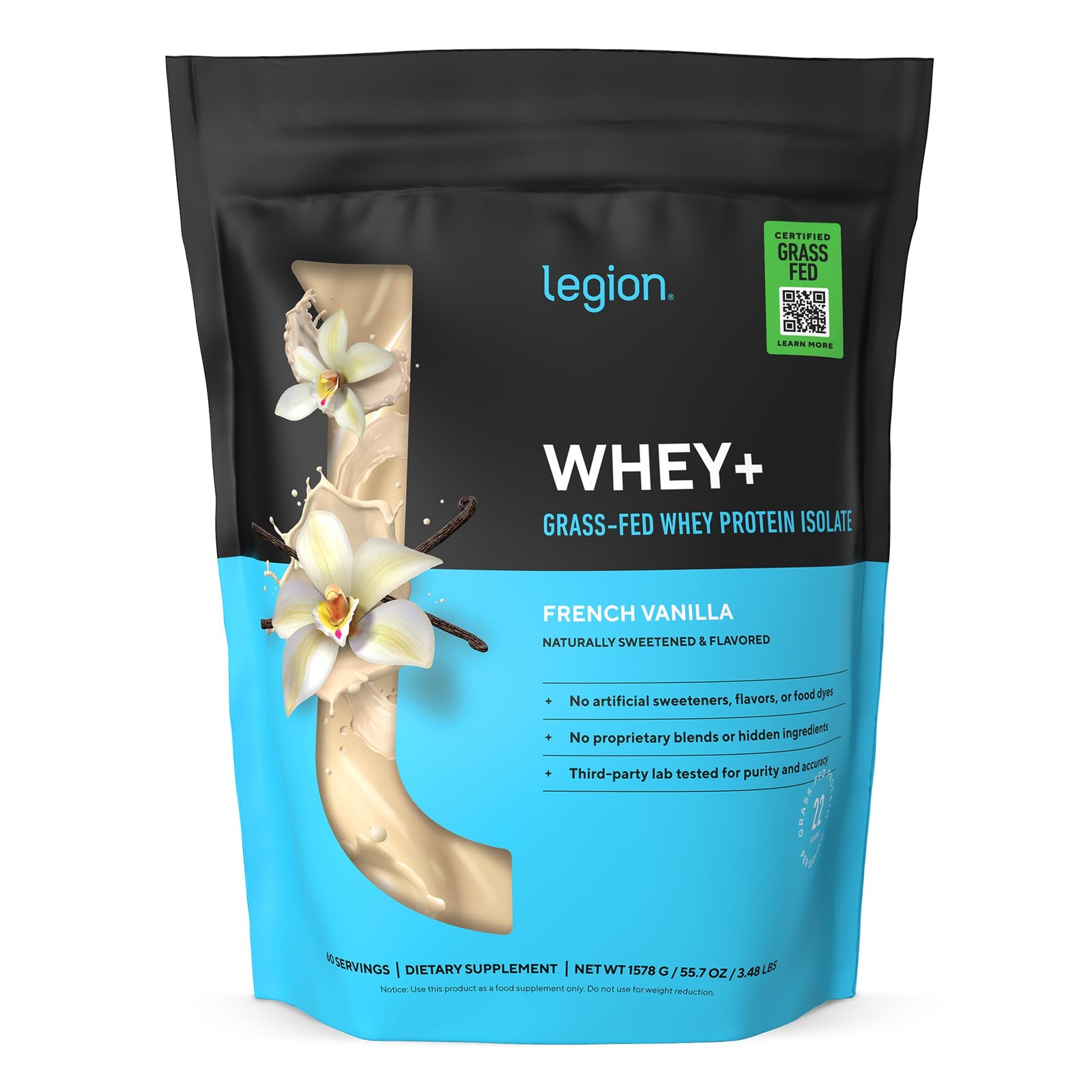 LEGION Whey+ Protein Whey Isolate from Grass Fed Cows French Vanilla, 60 Serv…