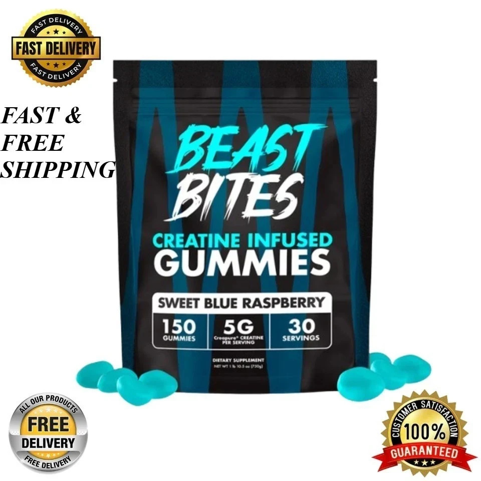 Beast Bites Creatine Infused Gummy Sweet Blue Raspberry – 30 Servings 10.5 Ounce