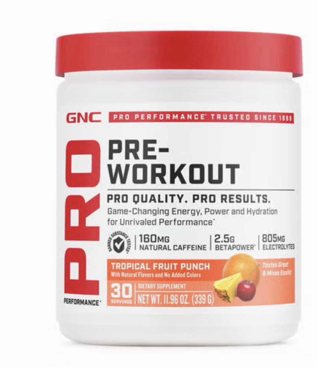 GNC Pro Pre Workout Tropical Fruit Punch 30 Servings Energy Performance 11.96 Oz