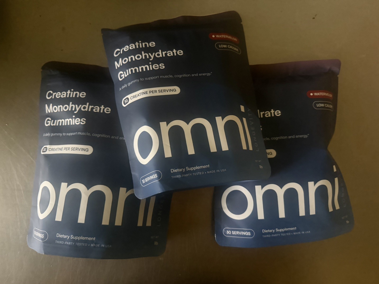 Three bags Omni Creatine Monohydrate Gummies Supports Muscle Growth Watermelon