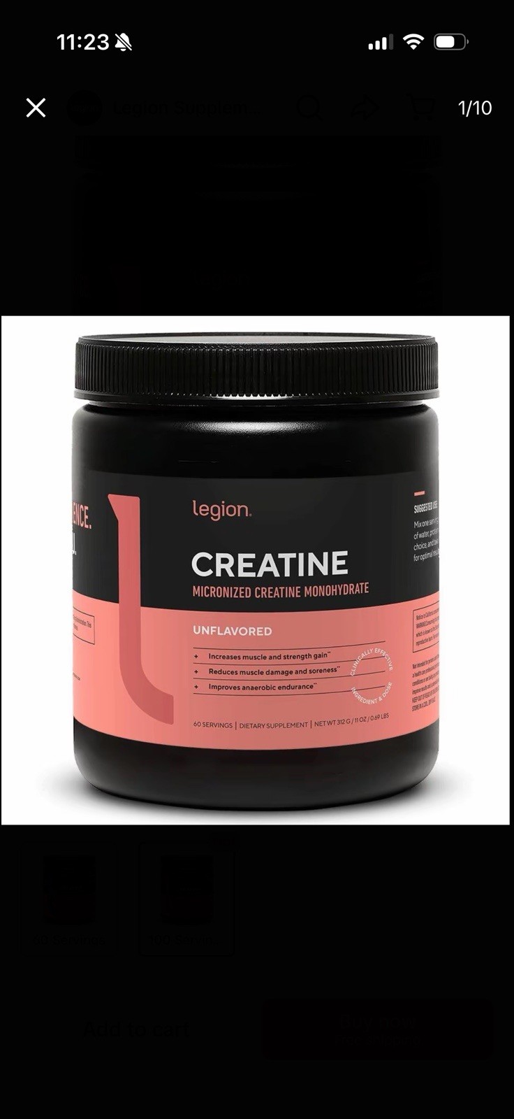 LEGION Micronized Creatine Monohydrate Powder – 60 Servings, Unflavored