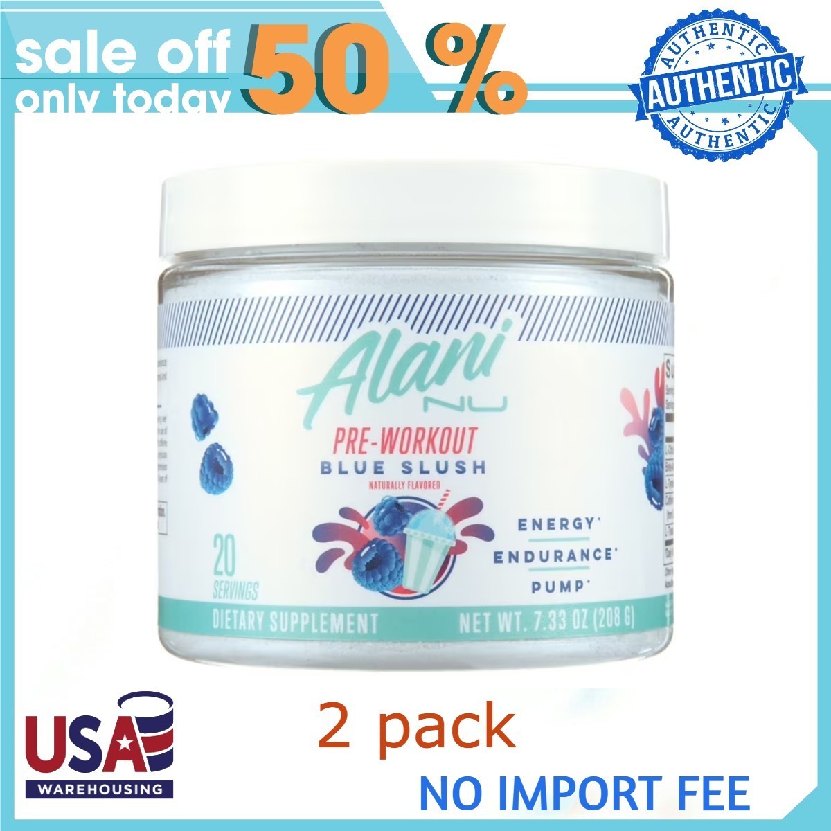2p Alani Nu Pre-Workout Powder, Blue Slush, 20 Servings, 200mg Caffeine