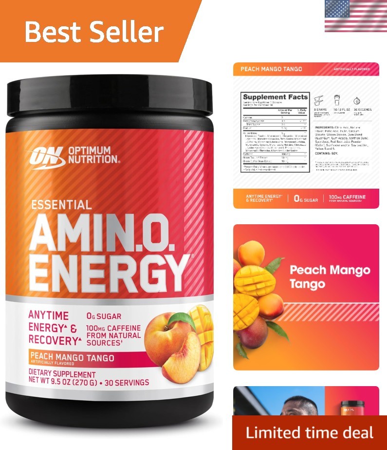 Amino Energy Powder – Peach Mango Tango, 100mg Caffeine per Serving, 30 Servings