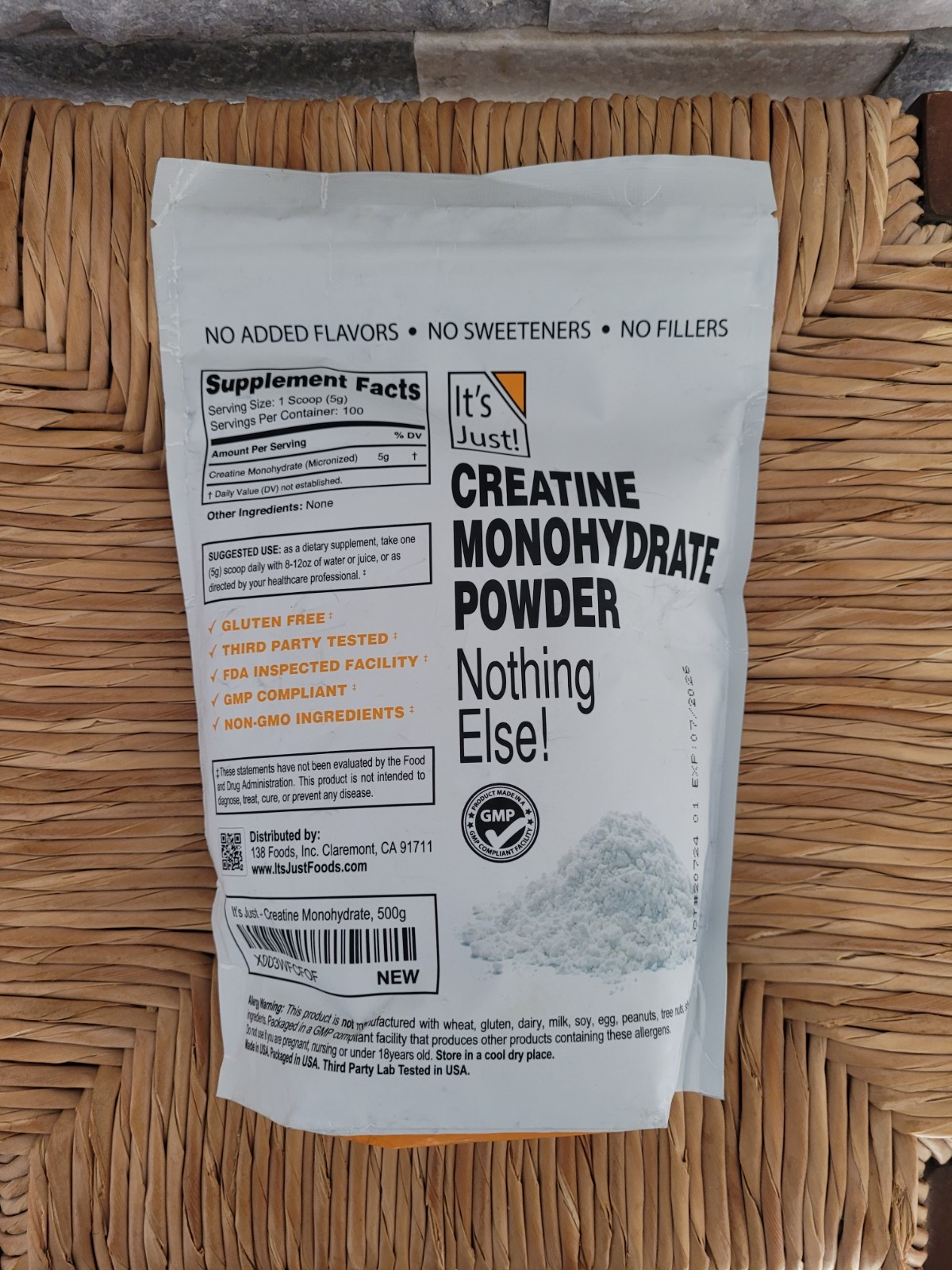 17.6 oz (500g) 100 Servings CREATINE MONOHYDRATE POWDER Nothing Else non gmo