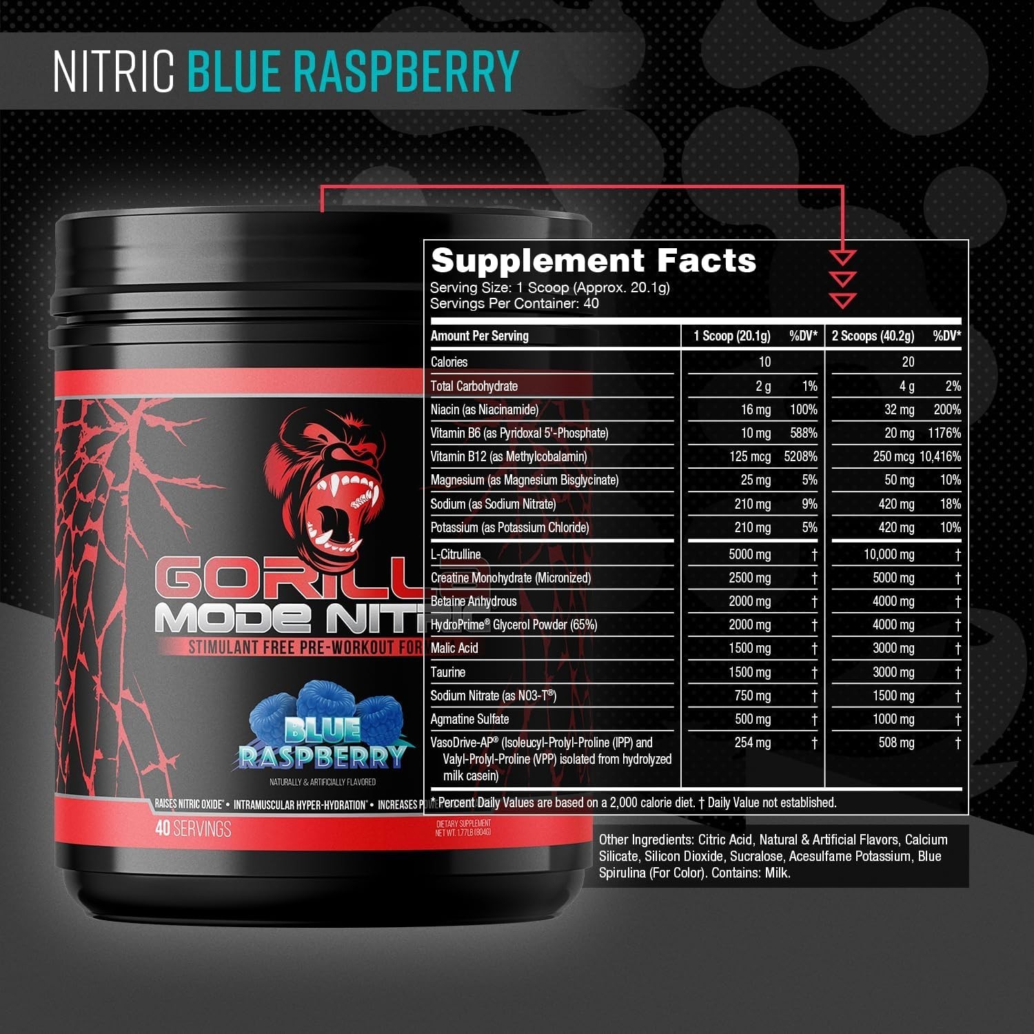 Gorilla Mode Nitric Pre-Workout Blue Raspberry 804g – Max Pumps, Vasodilation…