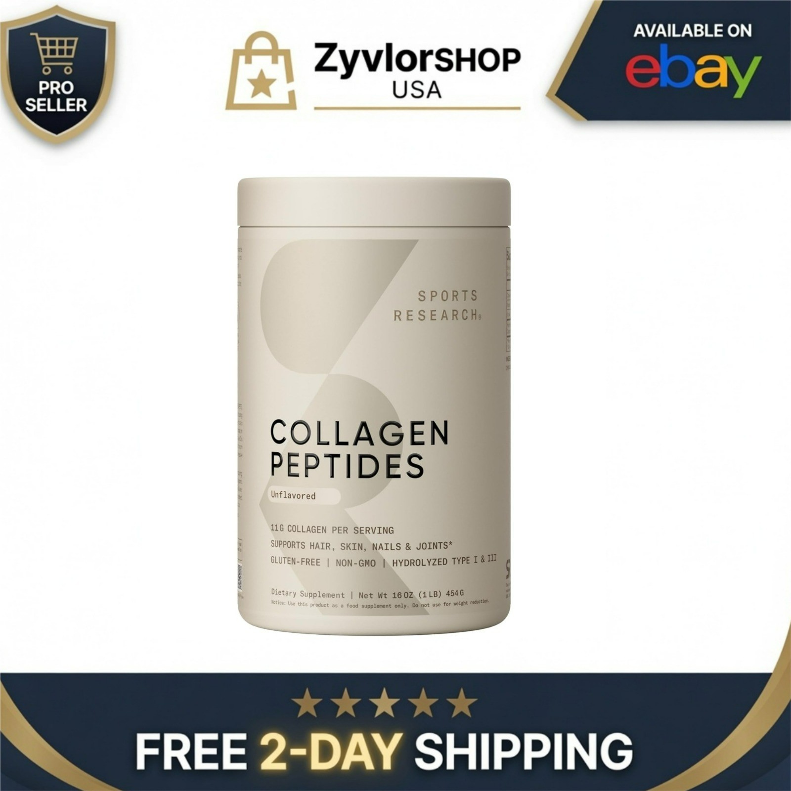 Sports Research Collagen Peptides Protein Powder – 16oz Unflavored