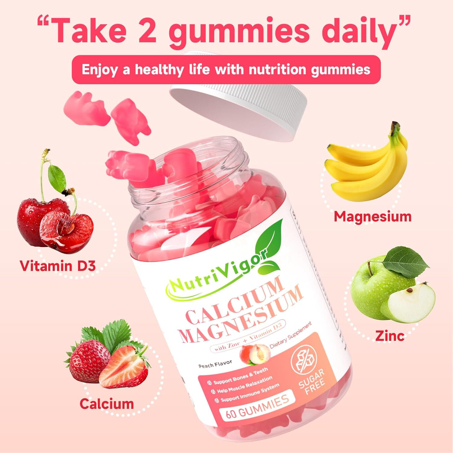 NutriVigor Calcium & Magnesium Gummies with Vitamin D3 and Zinc ~ Sugar-Free