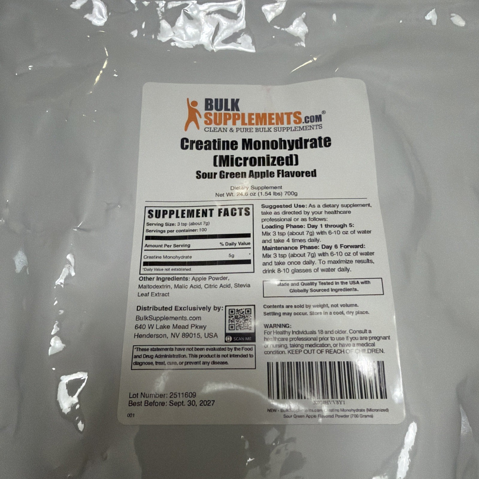 Bulk Supplements Creatine Monohydrate Sour Green Apple Flavored 24.6oz BRAND NEW