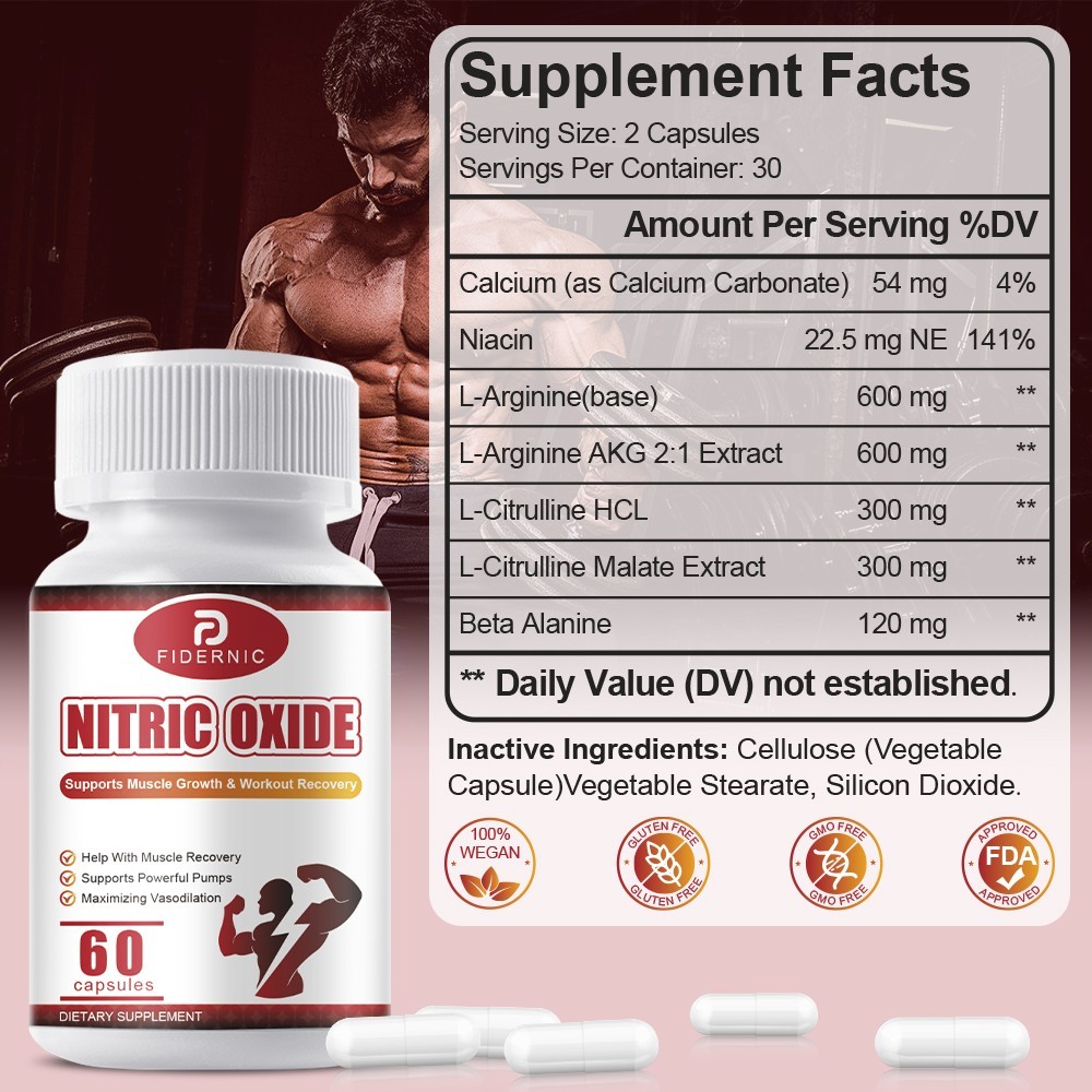60 Capsules Nitric Oxide Booster Supplement for Vasodilation & Muscle Health