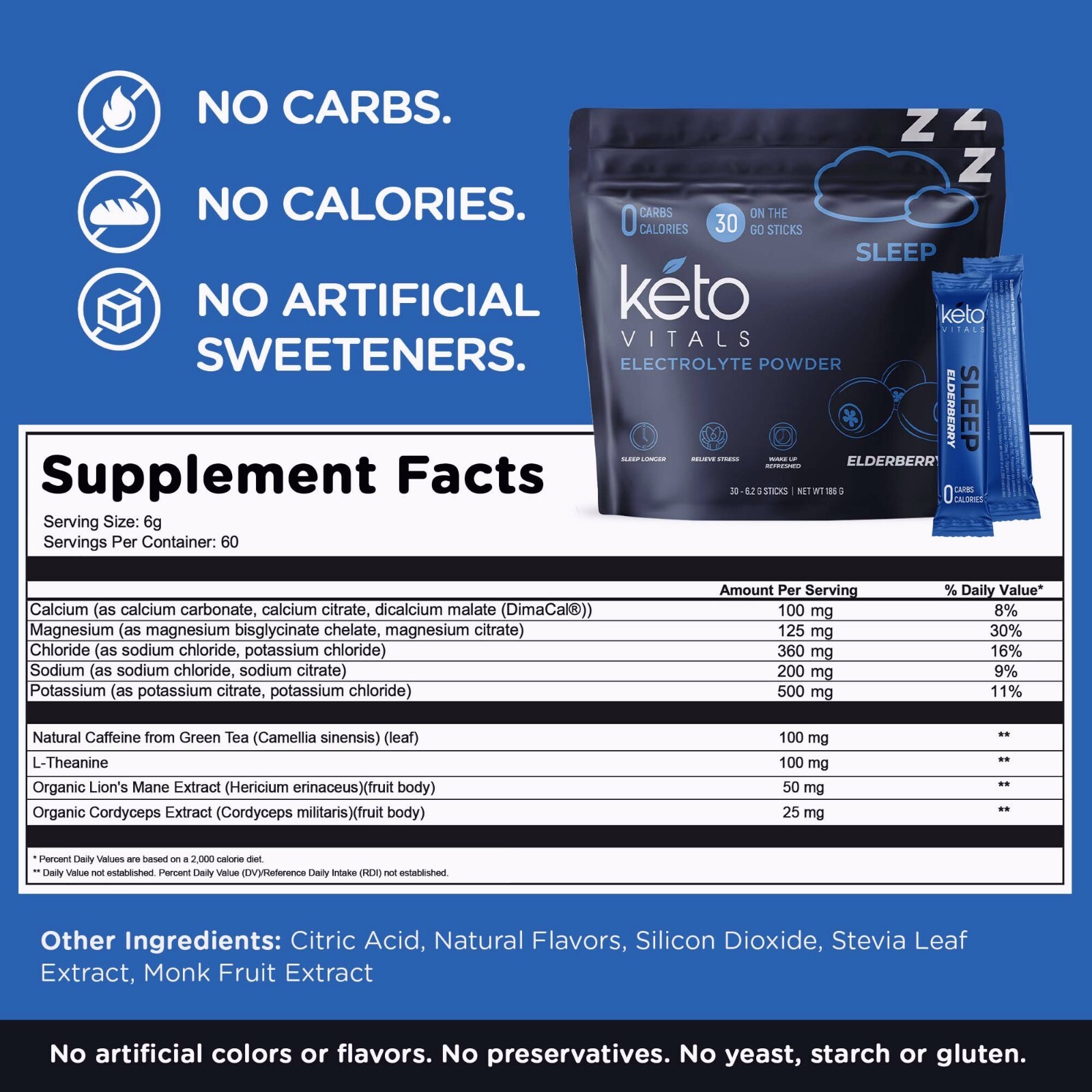 Keto Vitals Sleep Drink Electrolyte Sleep Powder Packets – – Elderberry, 30 Ct.