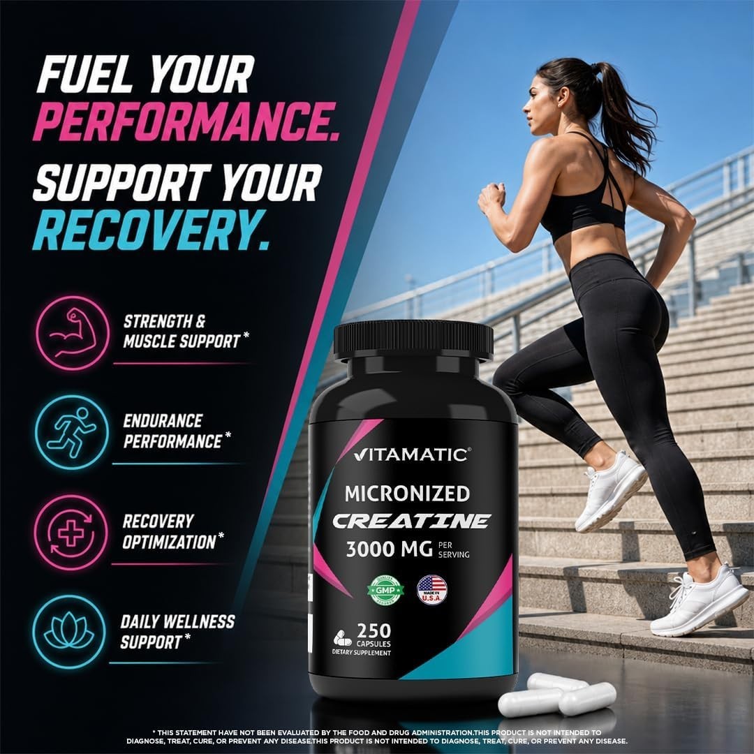 Vitamatic Creatine Monohydrate Capsules 3000mg (3g) per serving – Micronized