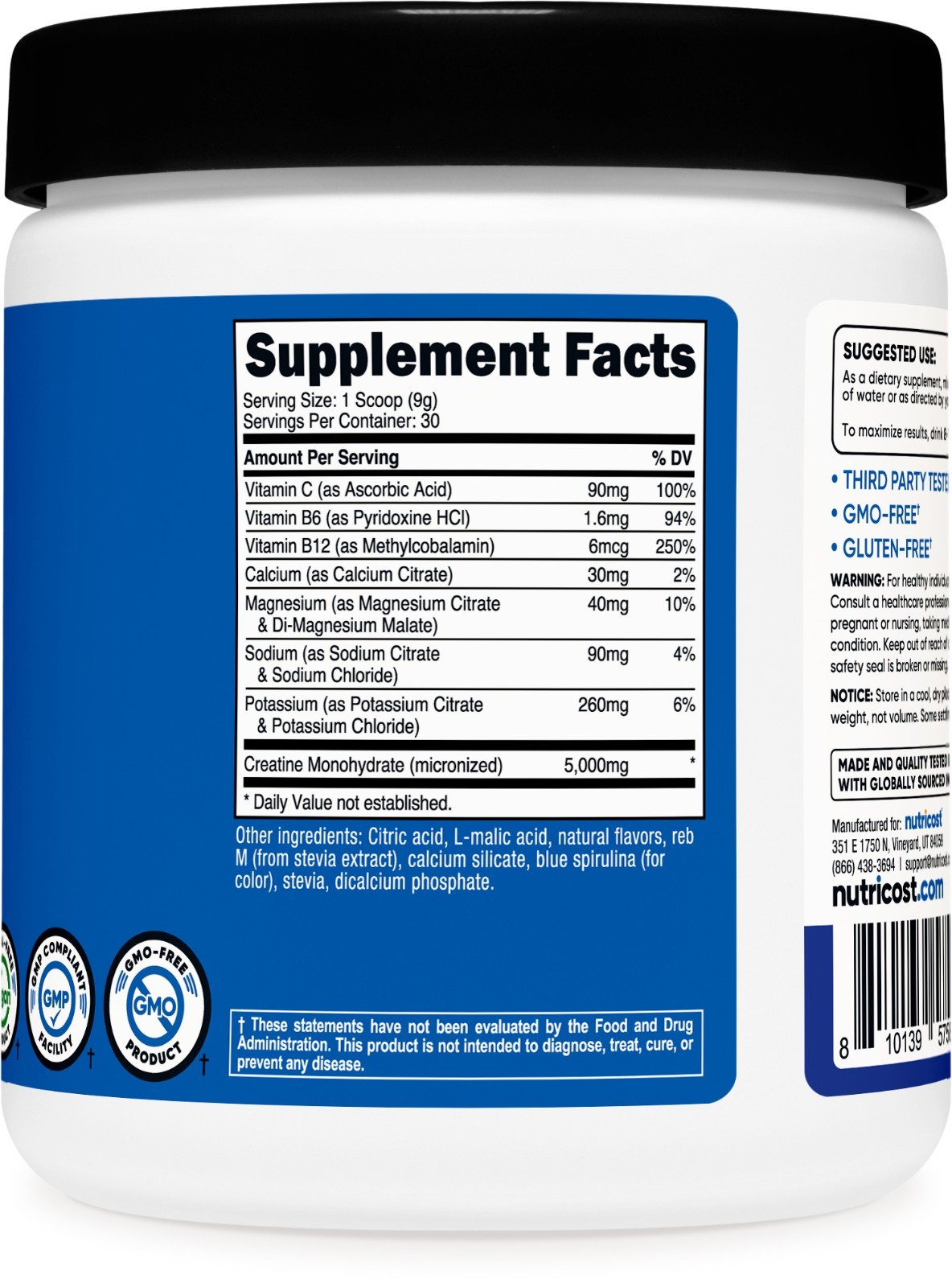 Nutricost Creatine Monohydrate + Hydration Blue Raspberry Flavored, 30 Servings