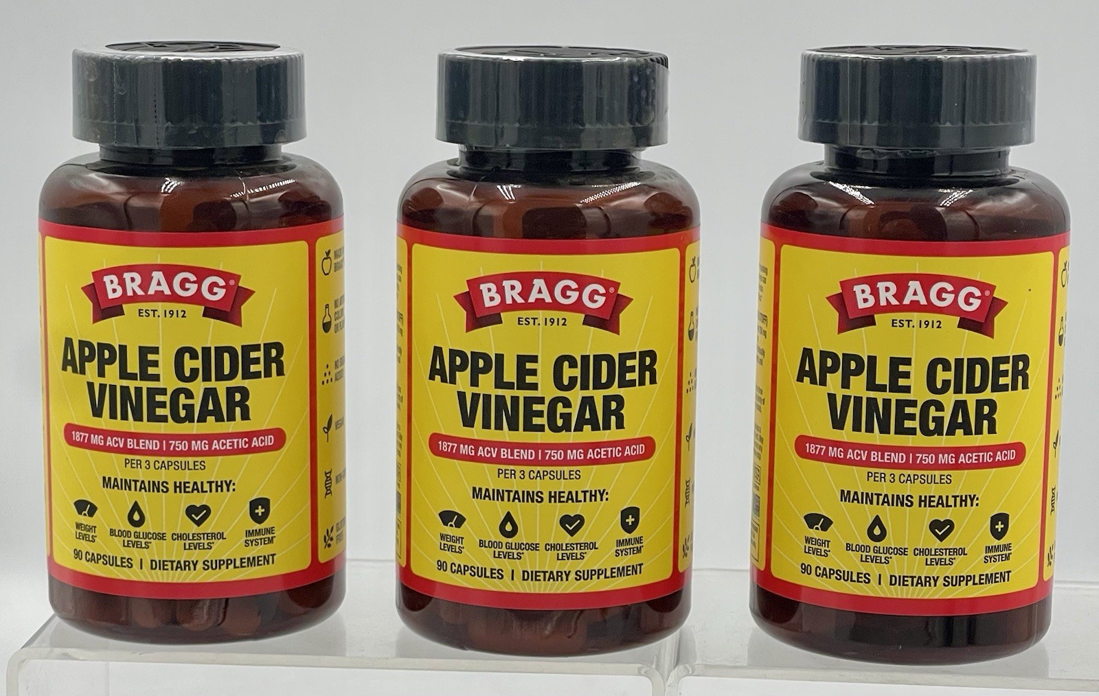 Lot of 3 Bragg Apple Cider Vinegar 90 Capsules Each Dietary Supplement EXP 03/27