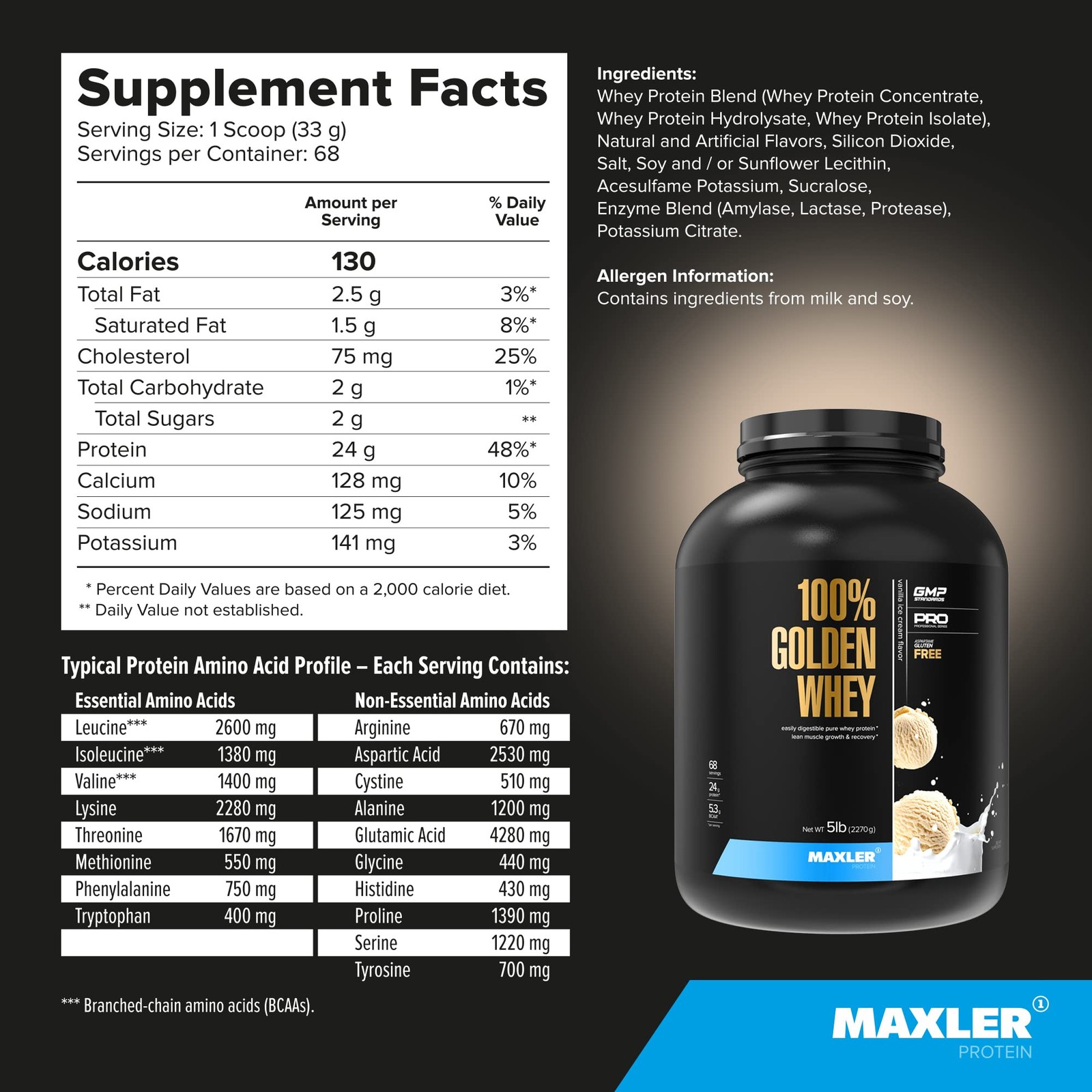 100% Golden Whey Protein – 24g of Protein per Serving – Whey Protein Powder for
