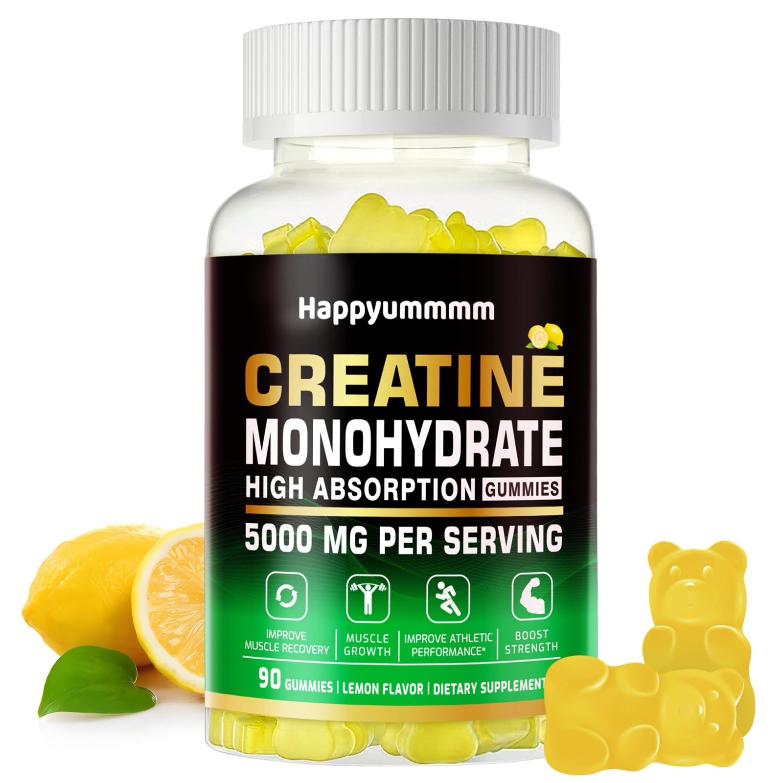 HAPPYUMMMM Creatine Monohydrate 5000mg Gummies, (Lemon), 90 Count