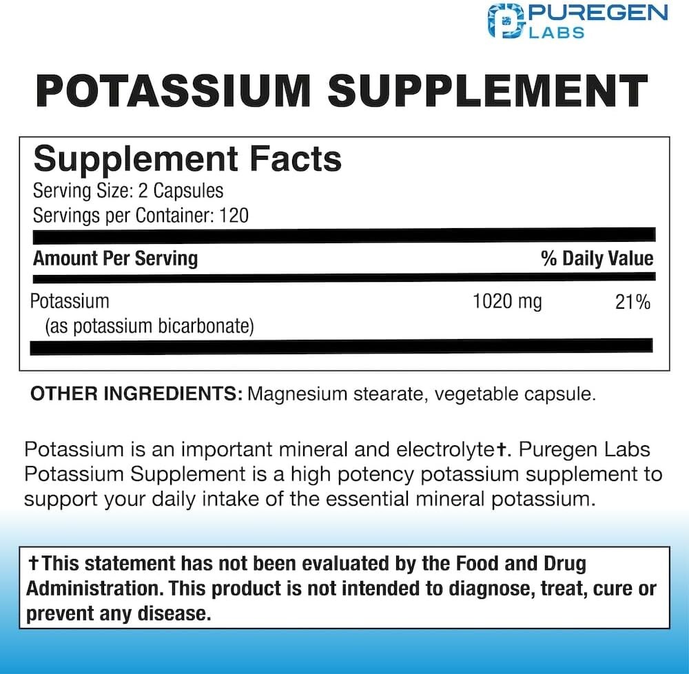 Puregen Labs Potassium Bicarbonate Supplement 1020 mg, 240 Vegetarian Caps