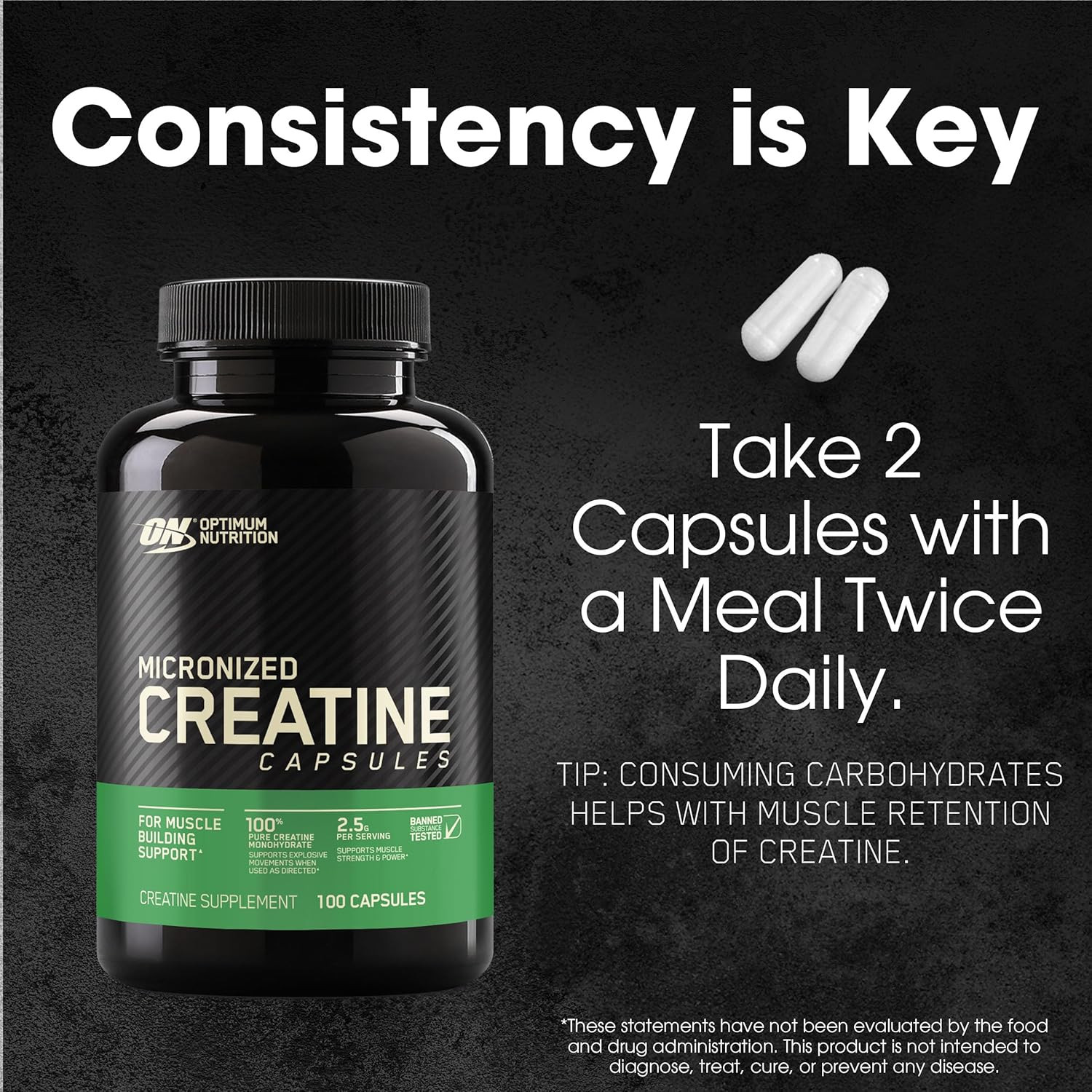 Optimum Nutrition Creatine Monohydrate Capsules, 2500mg, Keto Friendly, 100 Caps