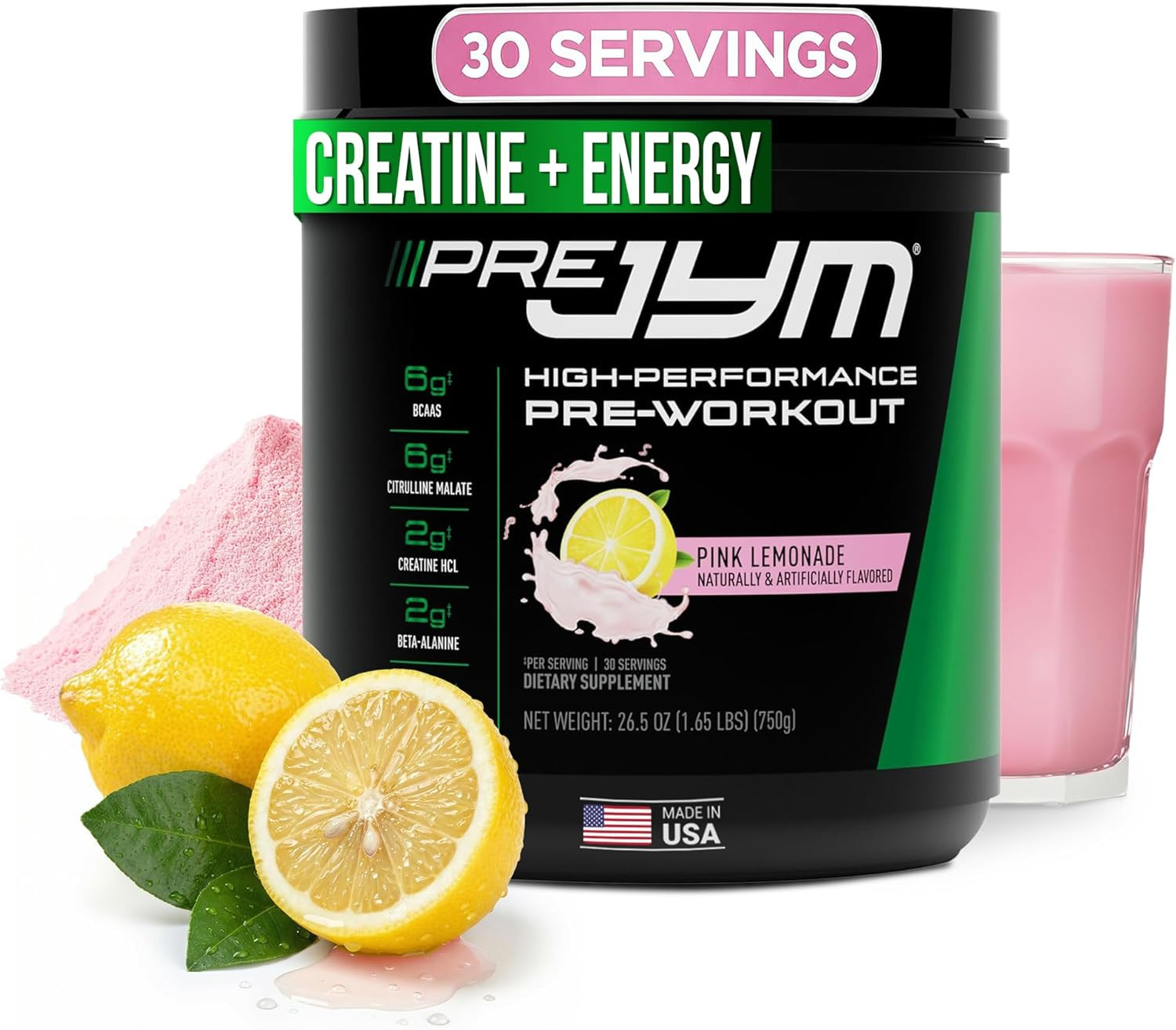 Pre JYM Pink Lemonade Pre Workout Powder for Men & Women, Bcaas, Nootropics, Cre
