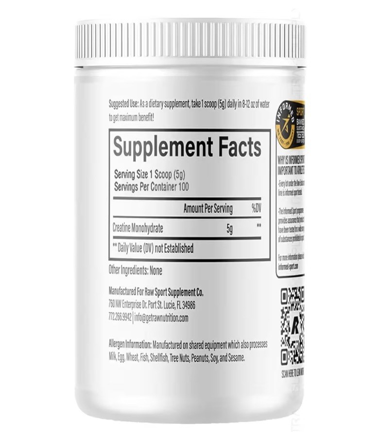 RAW NUTRITION CREATINE MONOHYDRATE POWDER Power Strength Performance 100 Serving