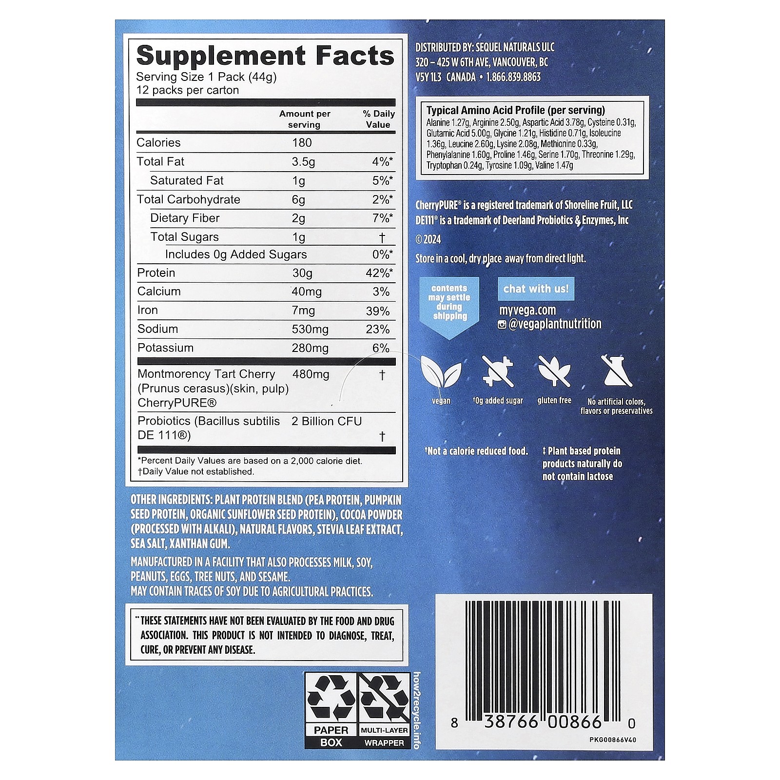 Sport, Plant-Based Premium Protein, Chocolate, 12 Packs, 1.6 oz (44 g) Each