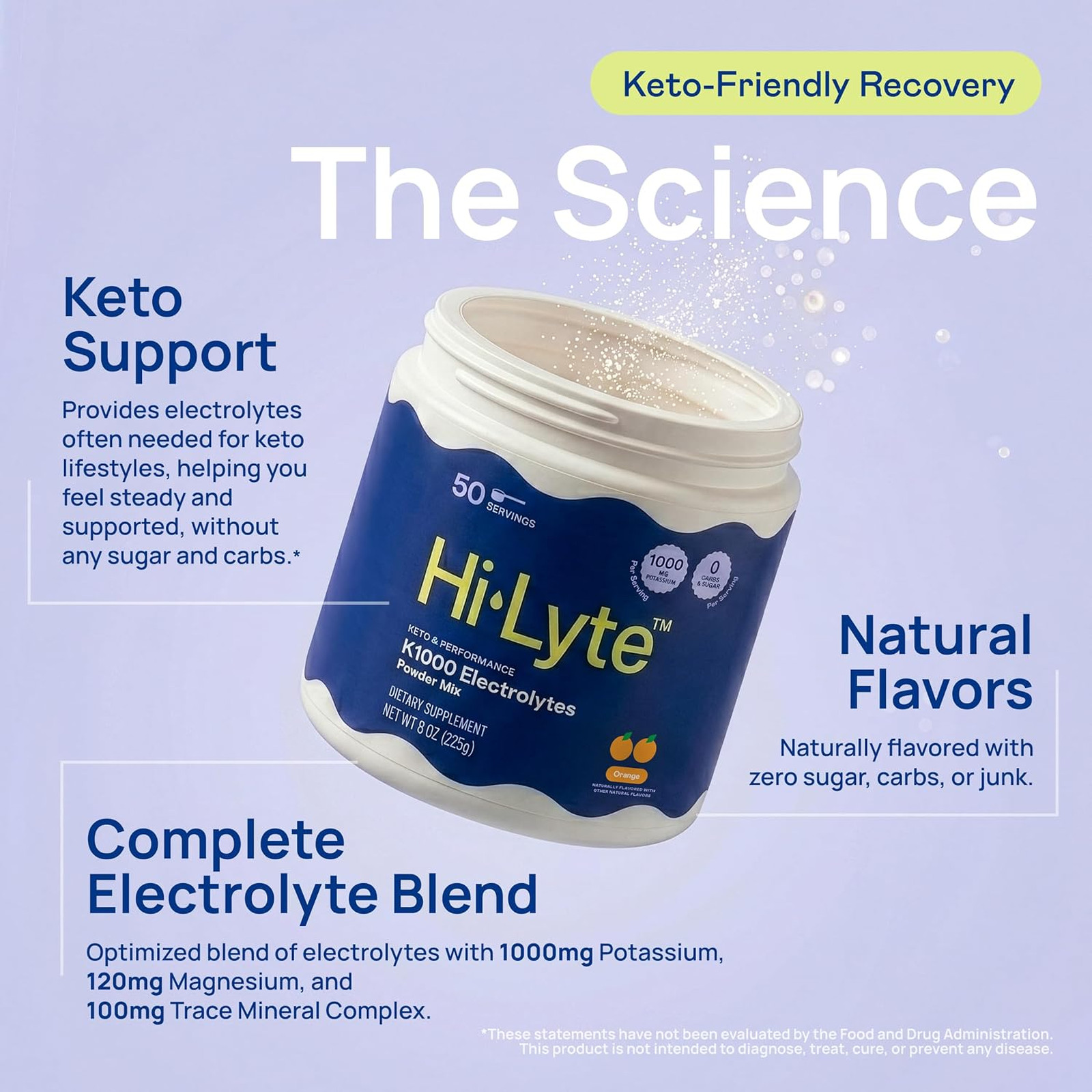 Electrolytes Powder Mix Orange 50 Servings Keto Performance 1000mg Potassium