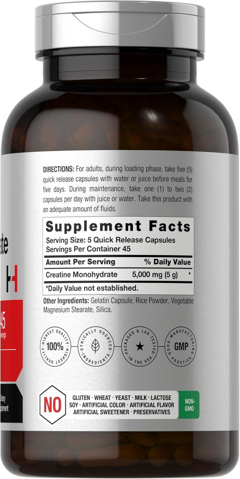 Horbäach Creatine Monohydrate 5000mg 225 Capsules Non-Gmo Gluten Free Supplement