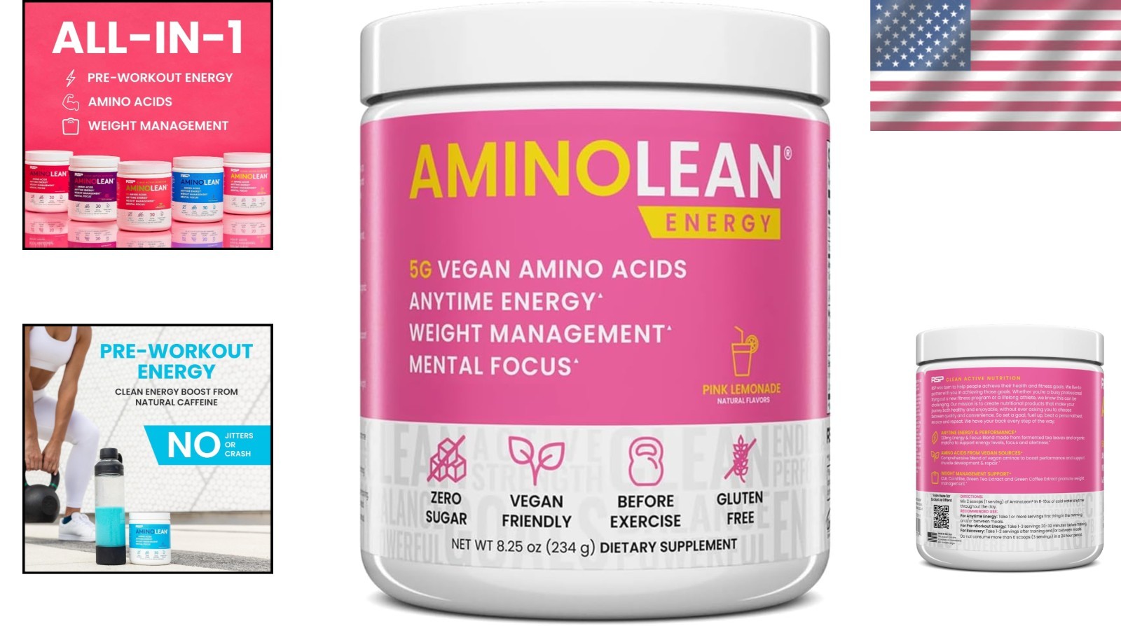 30 Serv AminoLean Pre Workout Powder – Sugar Free, Gluten Free Energy Booster