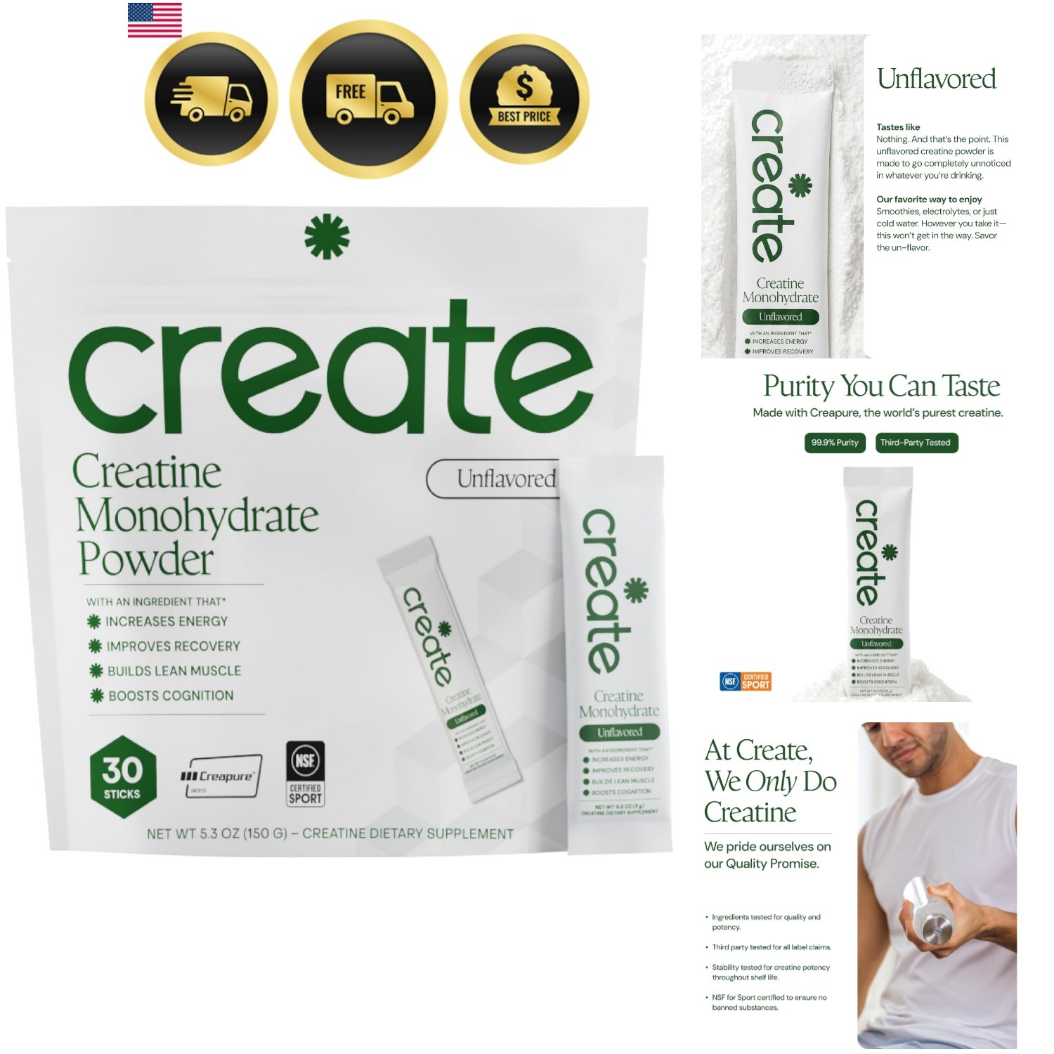 Creatine Monohydrate Powder – Unflavored – 30 Single-Serve Packs | NSF Certif…