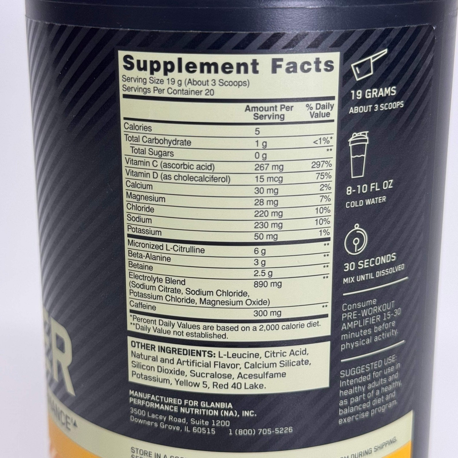OPTIMUM NUTRITION Pre-Workout Amplifier, Citrus Mango 13.4oz 20 Servings BB 11/2
