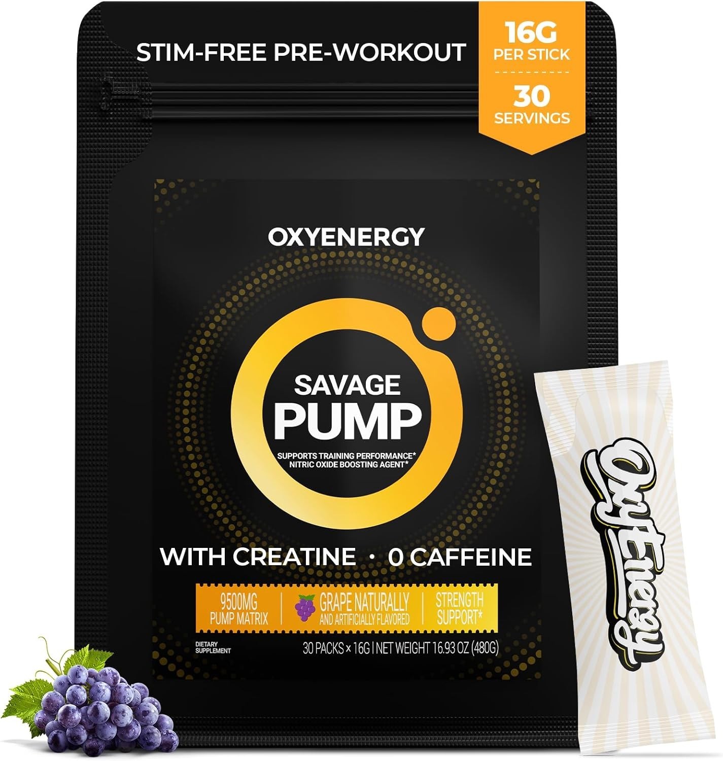 OxyEnergy Max Pump Stim-Free Pre Workout Powder – Grape Flavor – 30 packets