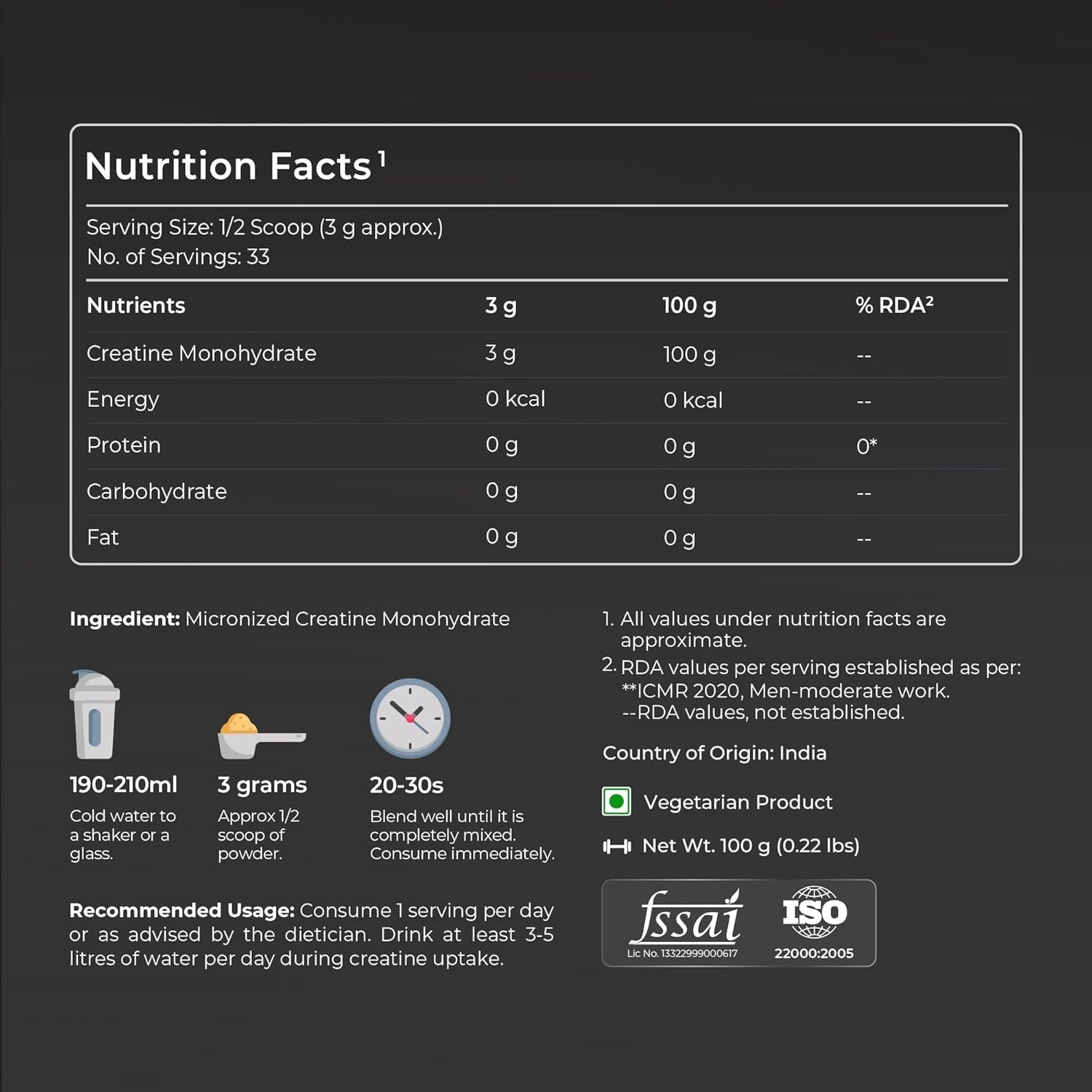 Pure Micronised Creatine Monohydrate Powder 3000 mg/Serving (100g, Unflavoured )