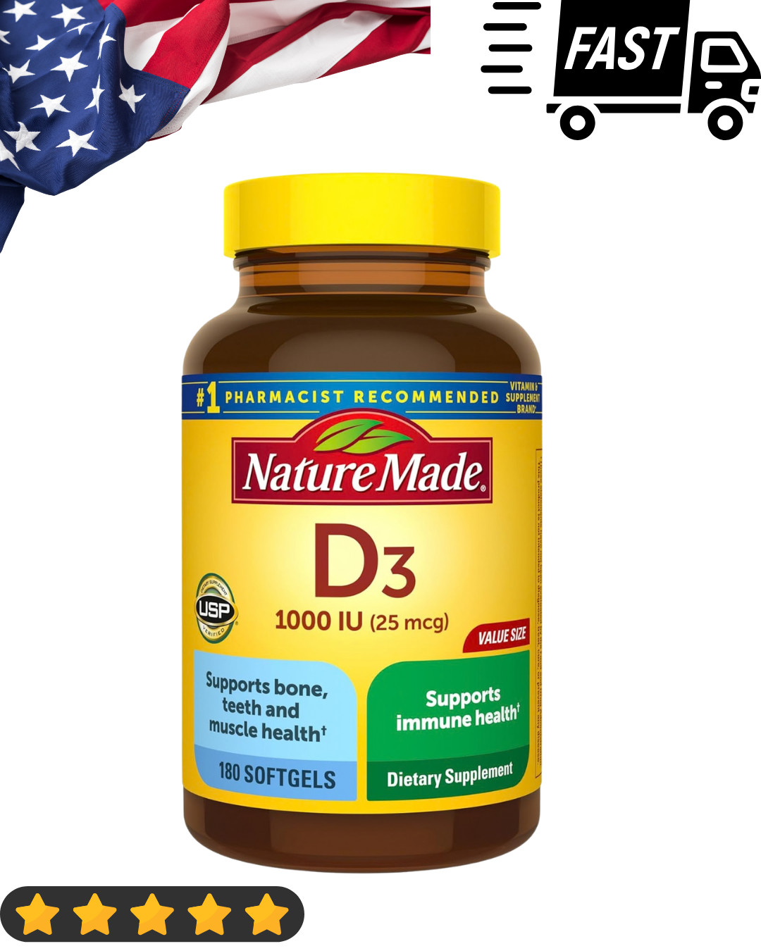 Nature Made Vitamin D3 1000 IU 25 mcg – Strong Bones & Teeth Support Supplement