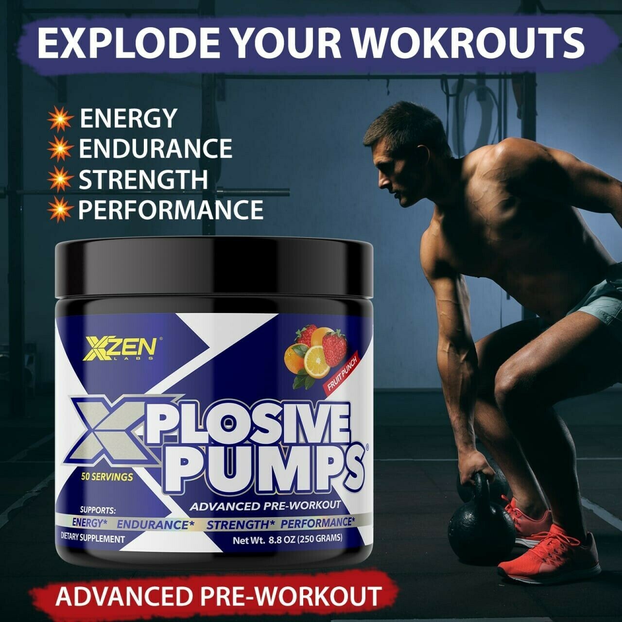 Pre-Workout Powder Muscle Pump Supplement Energy Focus Strength 50 Servings WM